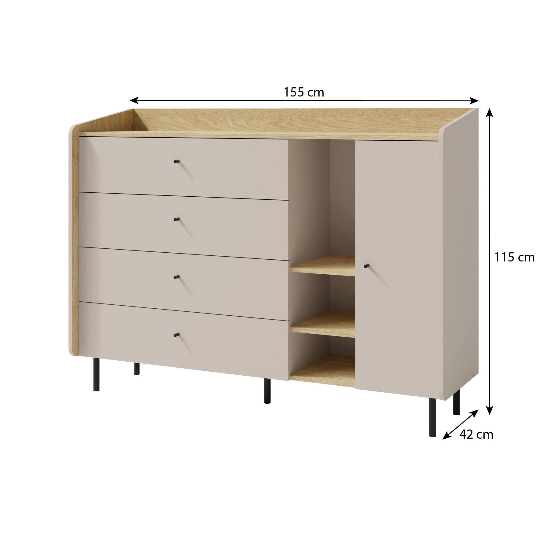 Beautysofa Kommode ALEX mit 1 Tür, 4 Schubladen und offenem Regal (erhältlich in zwei trendigen Farben- Eukalyptus oder Sandbeige), Breite: 155 cm