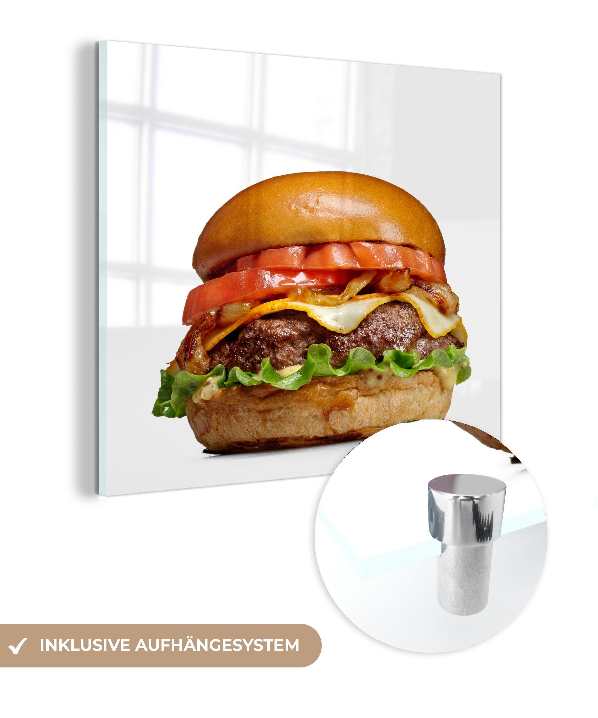 MuchoWow Acrylglasbild Hamburger mit frischen Zutaten, (1 St), Glasbilder - Bilder auf Glas Wandbild - Foto auf Glas - Wanddekoration