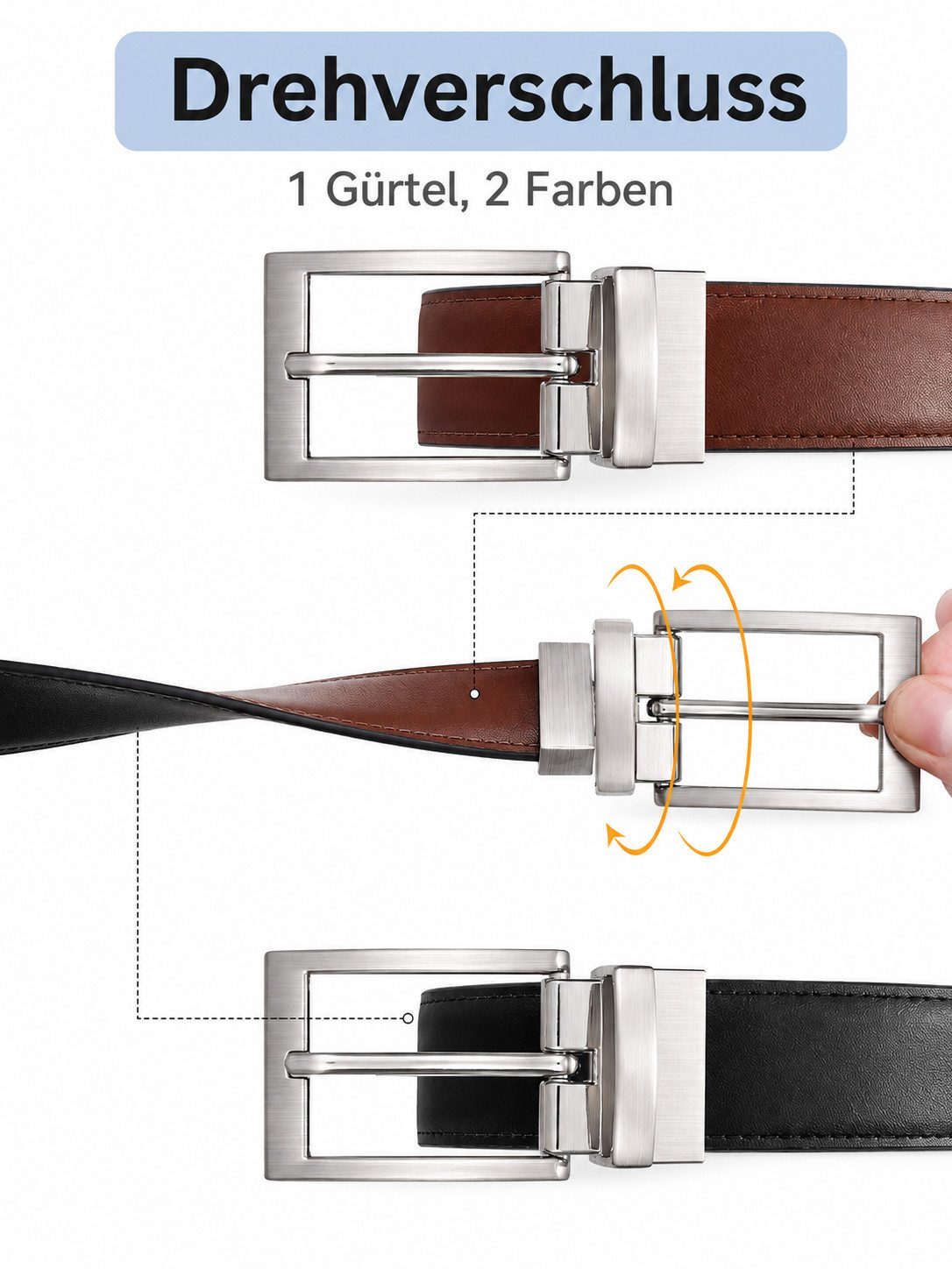 Fomax Ledergürtel Herren Wendegürtel aus Echtleder Braun/Schwarz 3,5 cm (Wendegürtel für Anzug Business und Formelle) Kürzbar, inkl. Aufbewahrungsbox – Bild 3 von 5