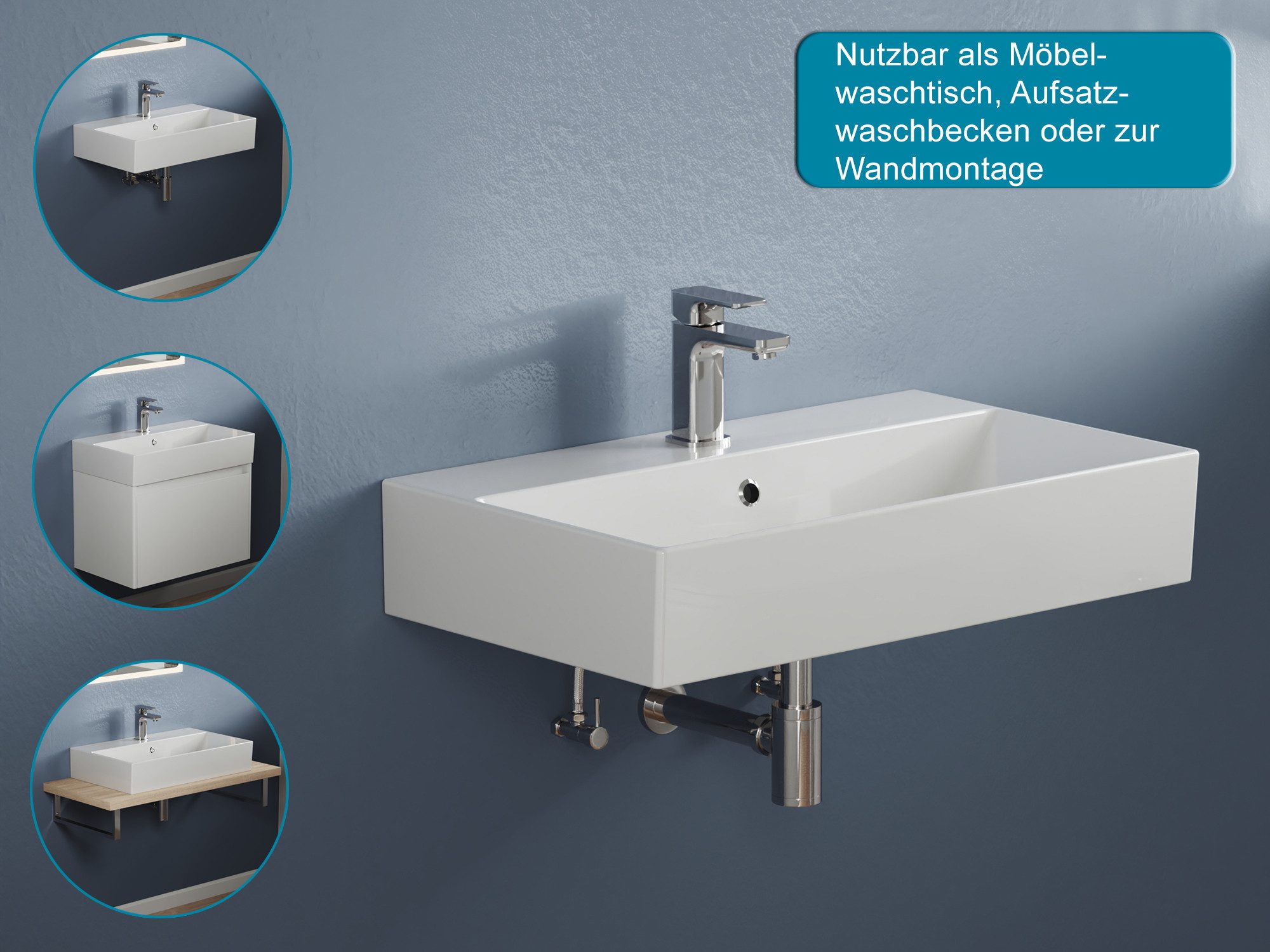 Aqua Bagno Waschbecken Aufsatzwaschbecken 70cm weiß eckig wandhängend Waschtisch (Packung)