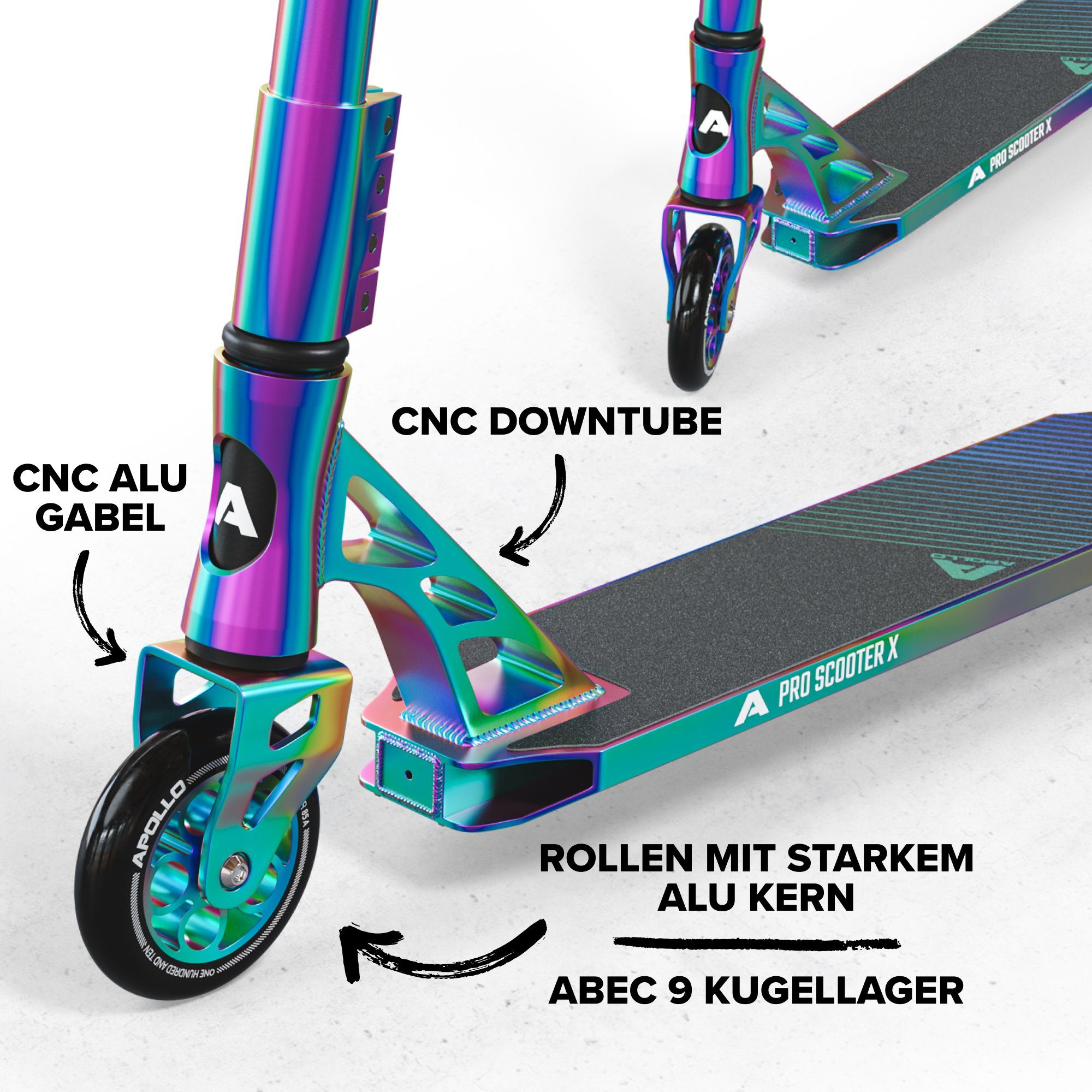 Apollo Stuntscooter Stunt Scooter Genesis X Pro - High End Stuntscooter, Profi Trick Roller mit 120mm Alu Core Wheels Kickscooter
