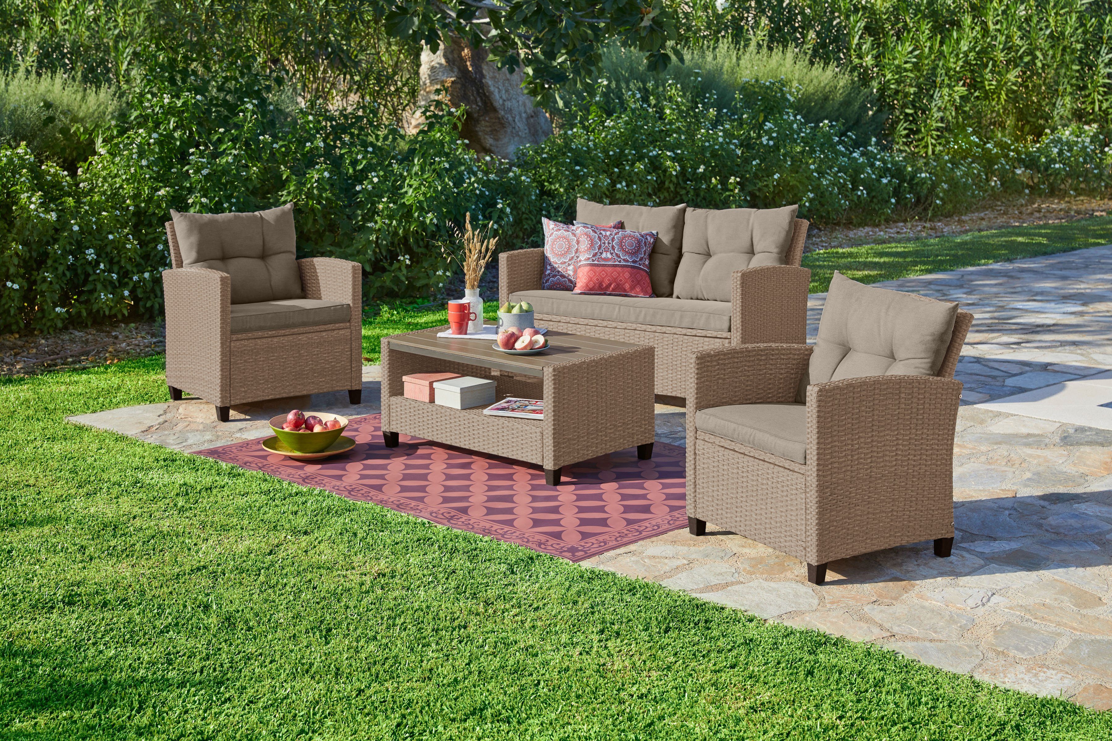 KONIFERA Gartenlounge-Set Lorca, (Set, 16-tlg., 2x Кресла, 1x2er Sofa, 1x Tisch 90x55x42,5cm, inkl. Auflagen, Stahl), Polyrattan, Ablagefläche unter dem Tisch, Tischplatte aus Nonwood