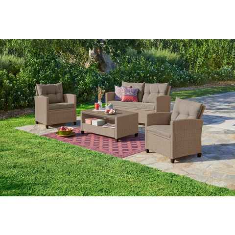 KONIFERA Gartenlounge-Set Lorca, (Set, 16-tlg., 2x Sessel, 1x2er Sofa, 1x Tisch 90x55x42,5cm, inkl. Auflagen, Stahl), Polyrattan, Ablagefläche unter dem Tisch, Tischplatte aus Nonwood