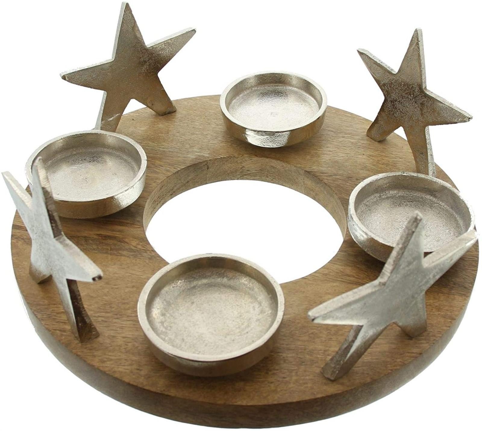 Dekoleidenschaft Adventskranz "Silbersterne" aus Mangoholz & Aluminum, Tischkranz, Weihnachtskranz, Holzkranz für 4 Kerzen, Weihnachtsdeko, Adventkranz mit Sternen