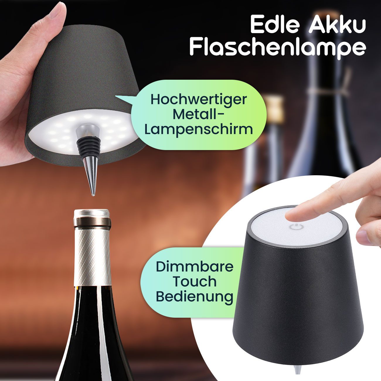 shop'n smile ideoon LED Nachttischlampe Edle Akku Flaschenlampe Schwarz: Dimmbar, 3 Lichtfarben, LEDs mit 3 auswählbaren Lichtfarben, Kaltweiss / Warmweiss / Naturweiss, Verwandelt Flaschen in stimmungsvolle Leuchten