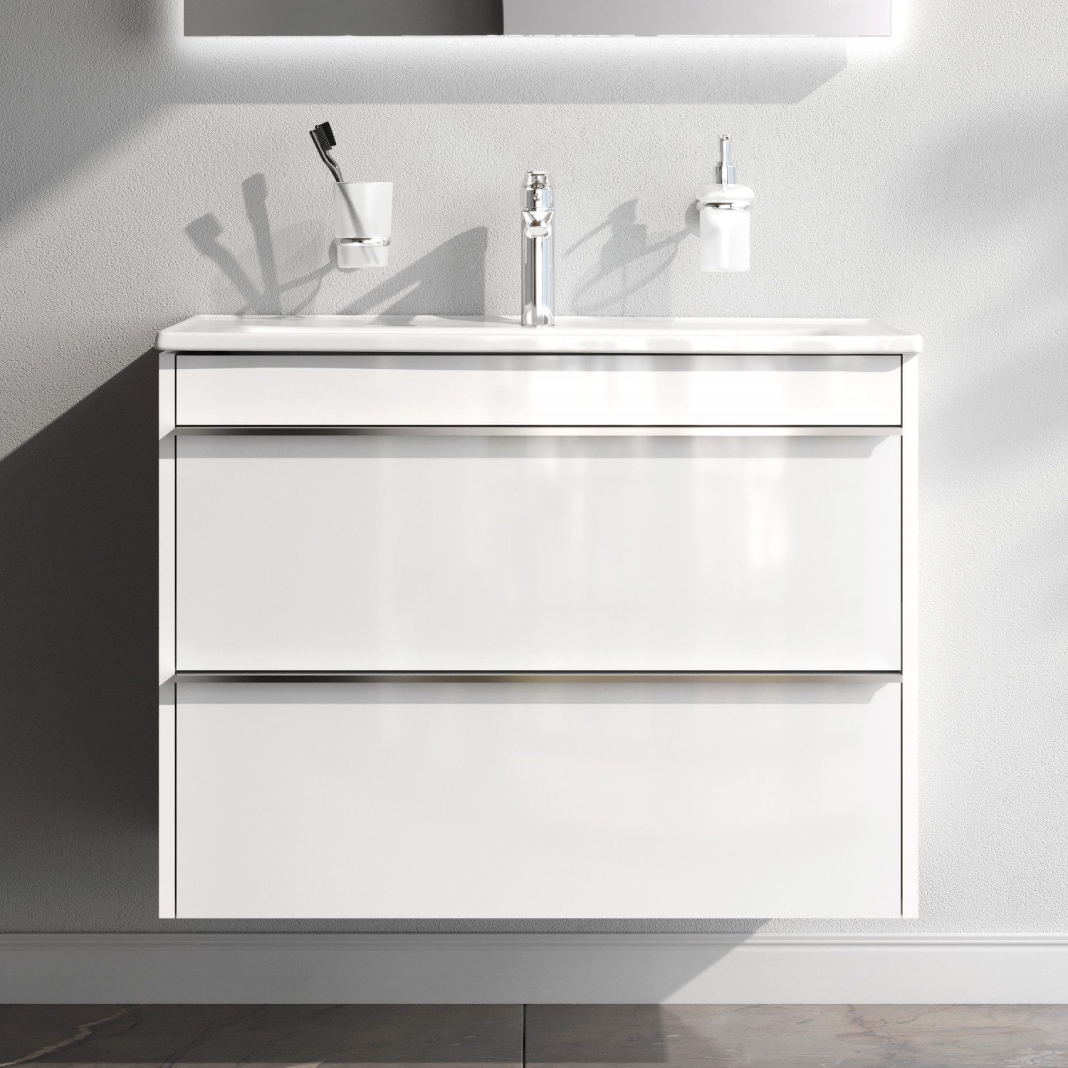 AM.PM Waschbecken Waschtischunterschrank mit Handwaschbecken 80 cm Unterschrank (Badmöbel-Set: Unterschrank & Waschbecken, wandhängender Waschbeckenunterschrank und Waschplatz), Hochglanz-Badschrank Waschbeckenschrank in weiß