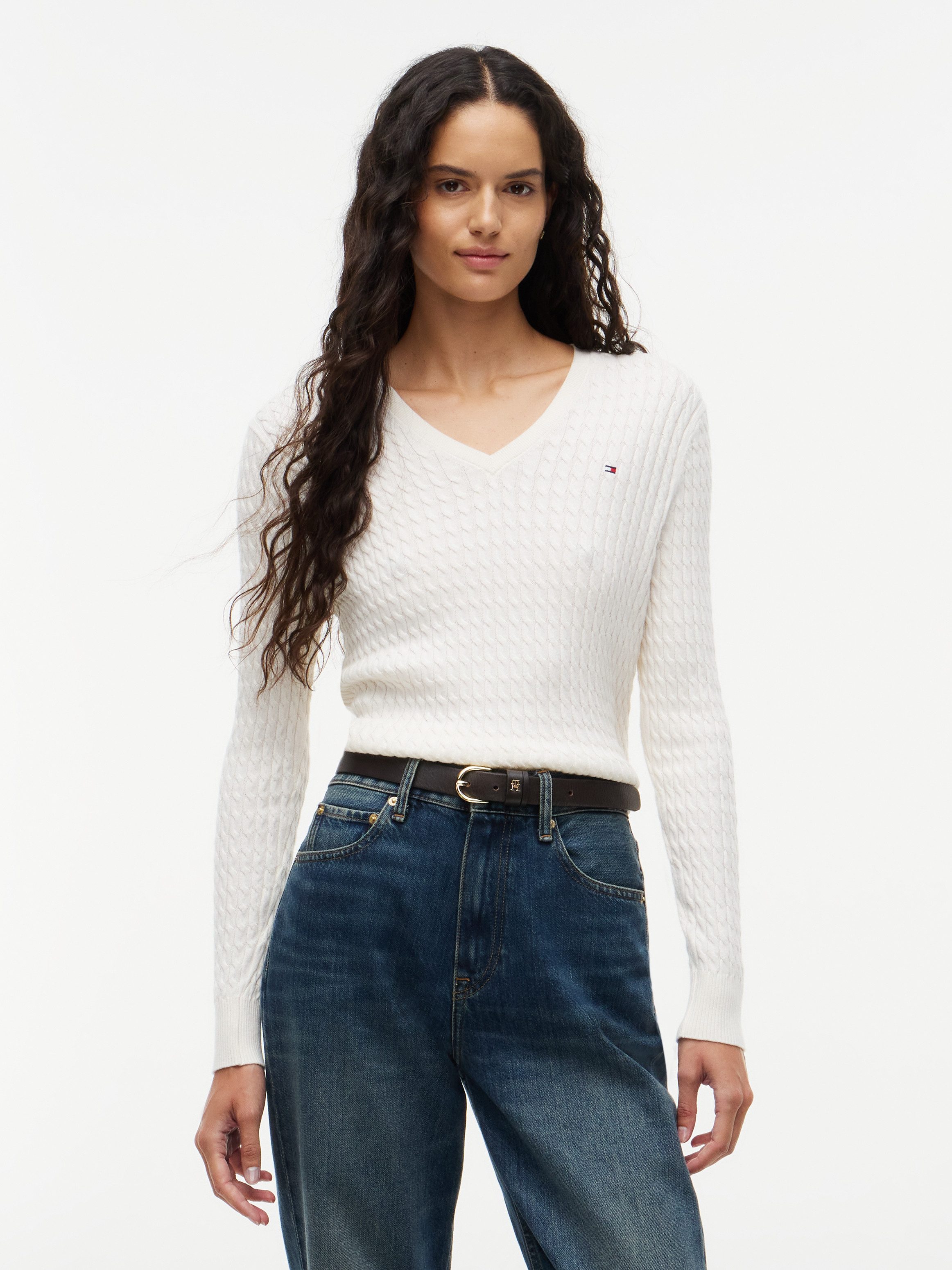 Tommy Hilfiger Strickpullover CO CABLE FINE GG V-NK LS SWT Baumwolle, mit Zopfmuster
