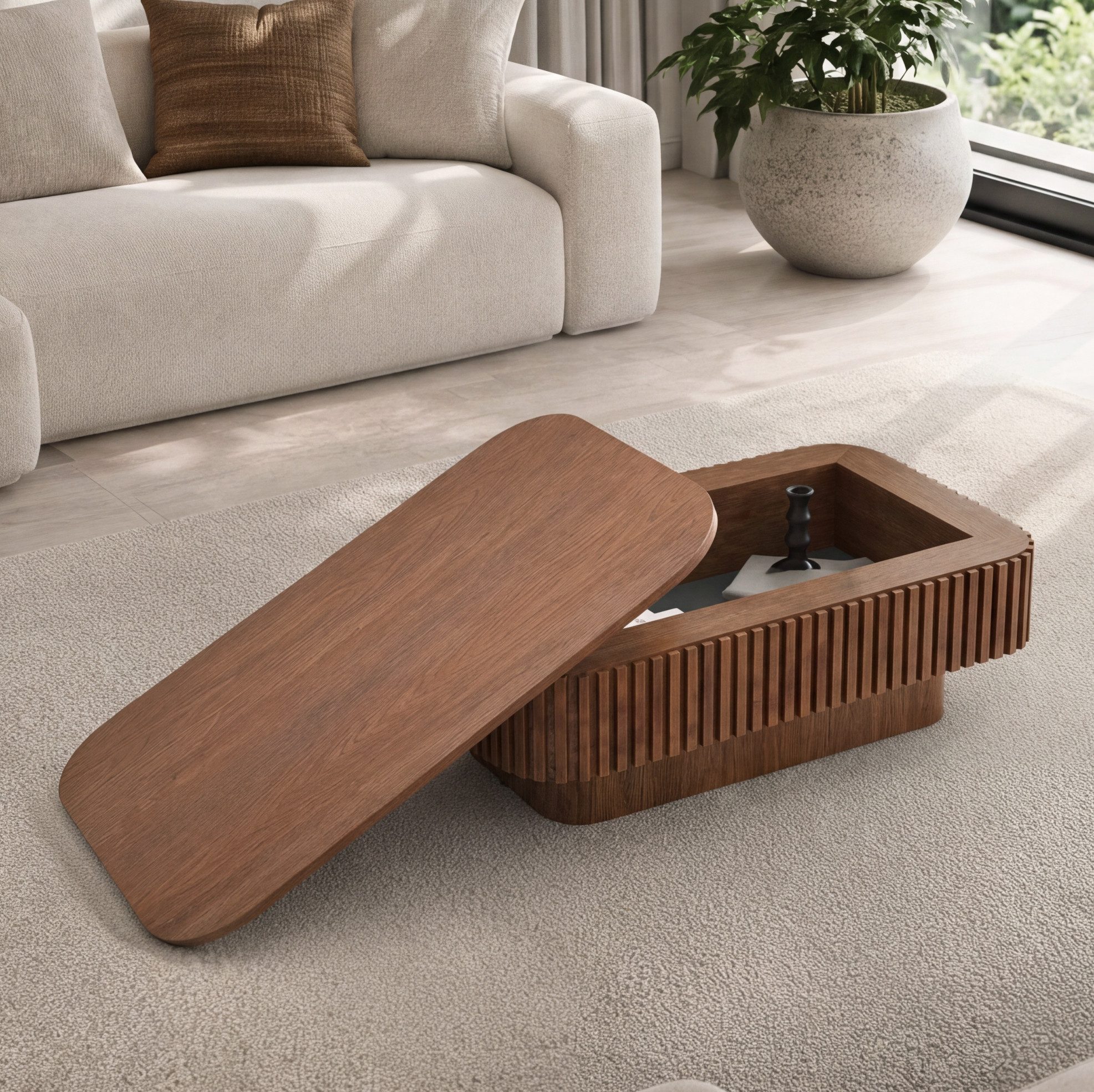 REDOM Couchtisch Beistelltisch 98 cm rechteckig Walnuss Optik mit Stauraumfach (Packung, 1-St., Wohnzimmertisch für Schlafzimmer Büro und Wohnbereich Zuhause), Kaffeetisch mit verstecktem Fach und moderner Holzoptik