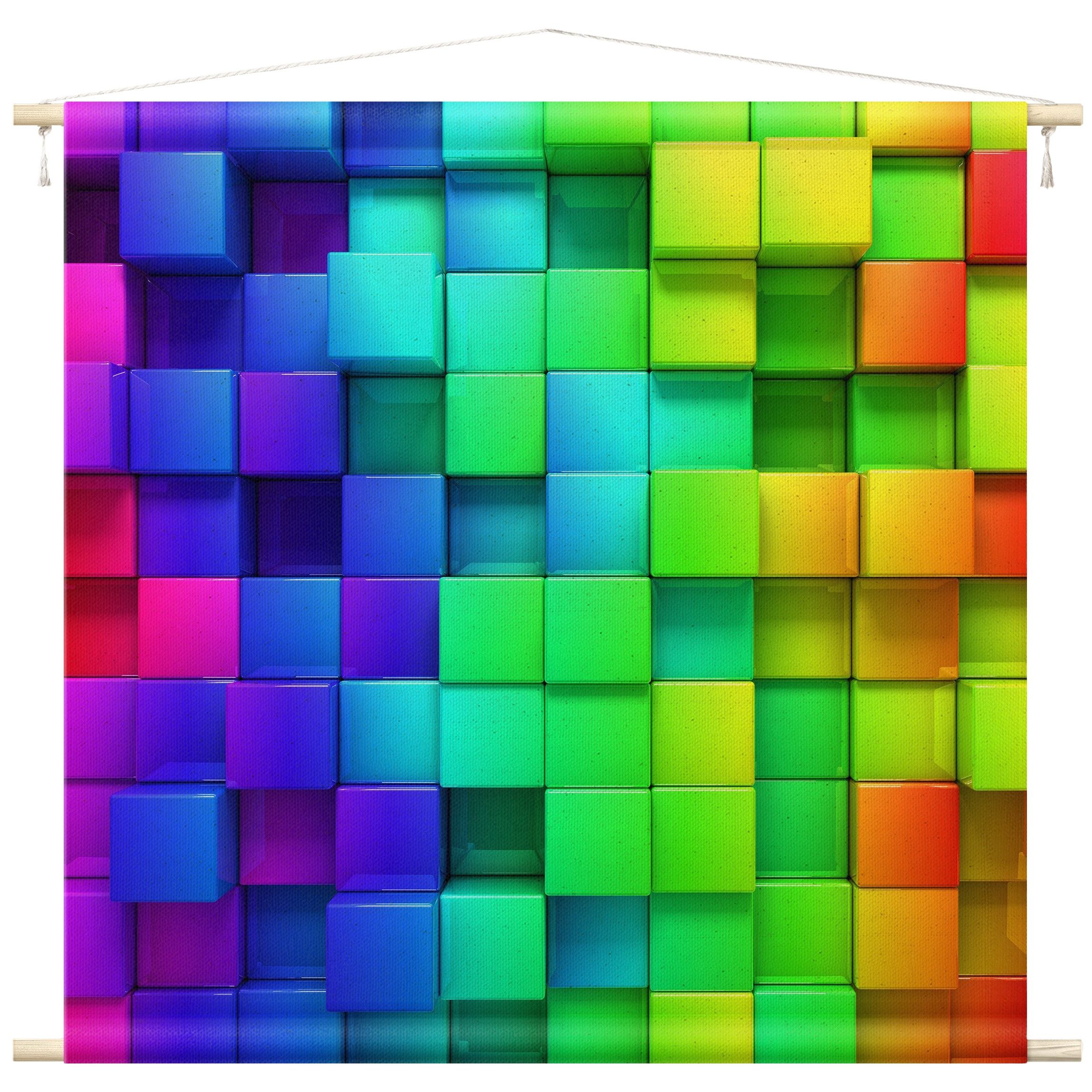 Bilderdepot24 Wandteppich modern Muster 3D-Optik Abstrakt Geometrisch bunt, quadratisch, Höhe: 2.6 mm, großes Wandbild aus Natur-Baumwolle Wandbehang Stoffbild Tuch Wollseil