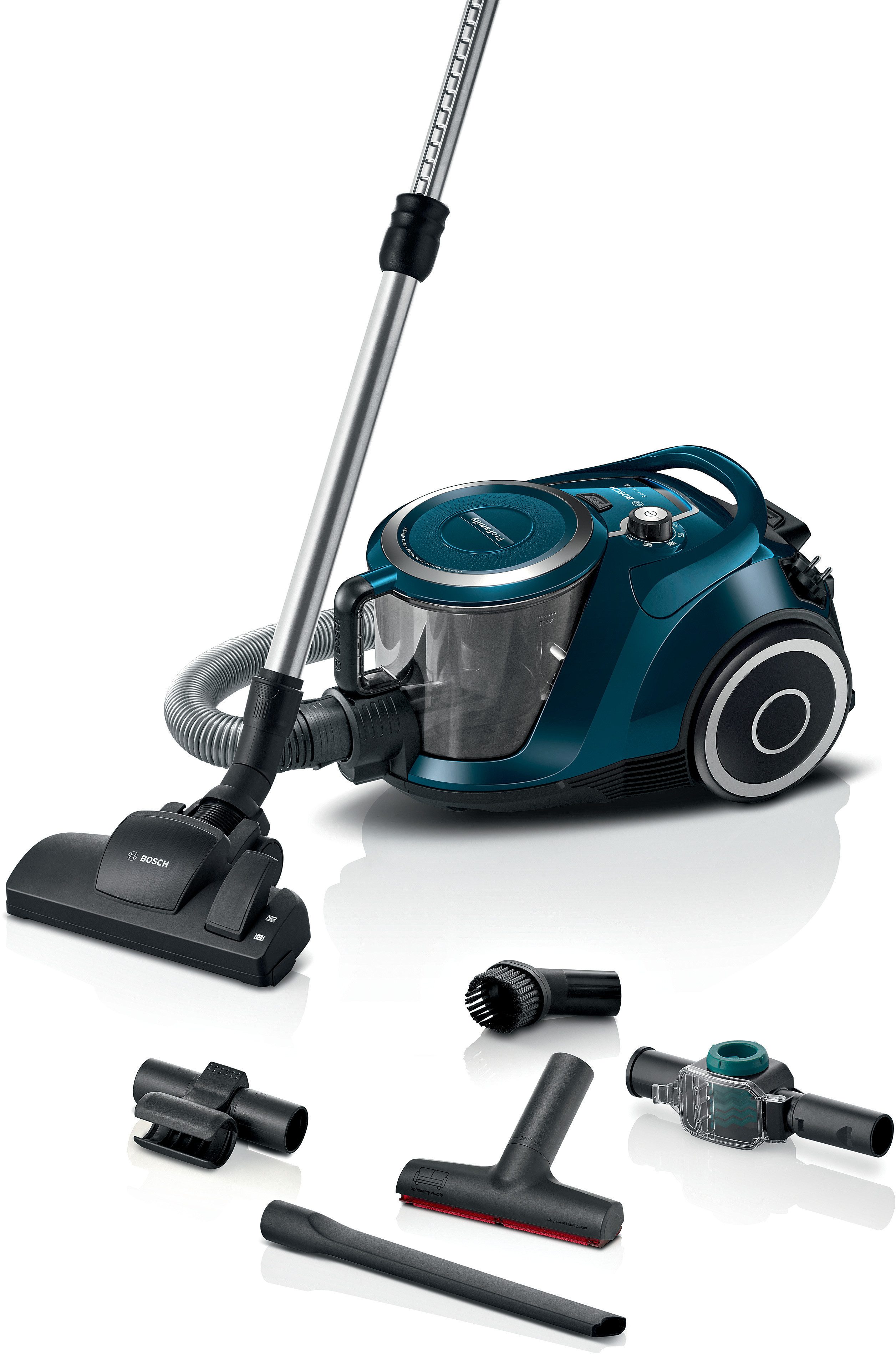 BOSCH Пылесосы Serie 6 ProFamily BGC41XFMLY, Testsieger, ideal für Всеrgiker, 750 W, beutellos, Hygiene-Filter, 10 Jahre Motorgarantie, XXL-Polsterdüse, leise, blau