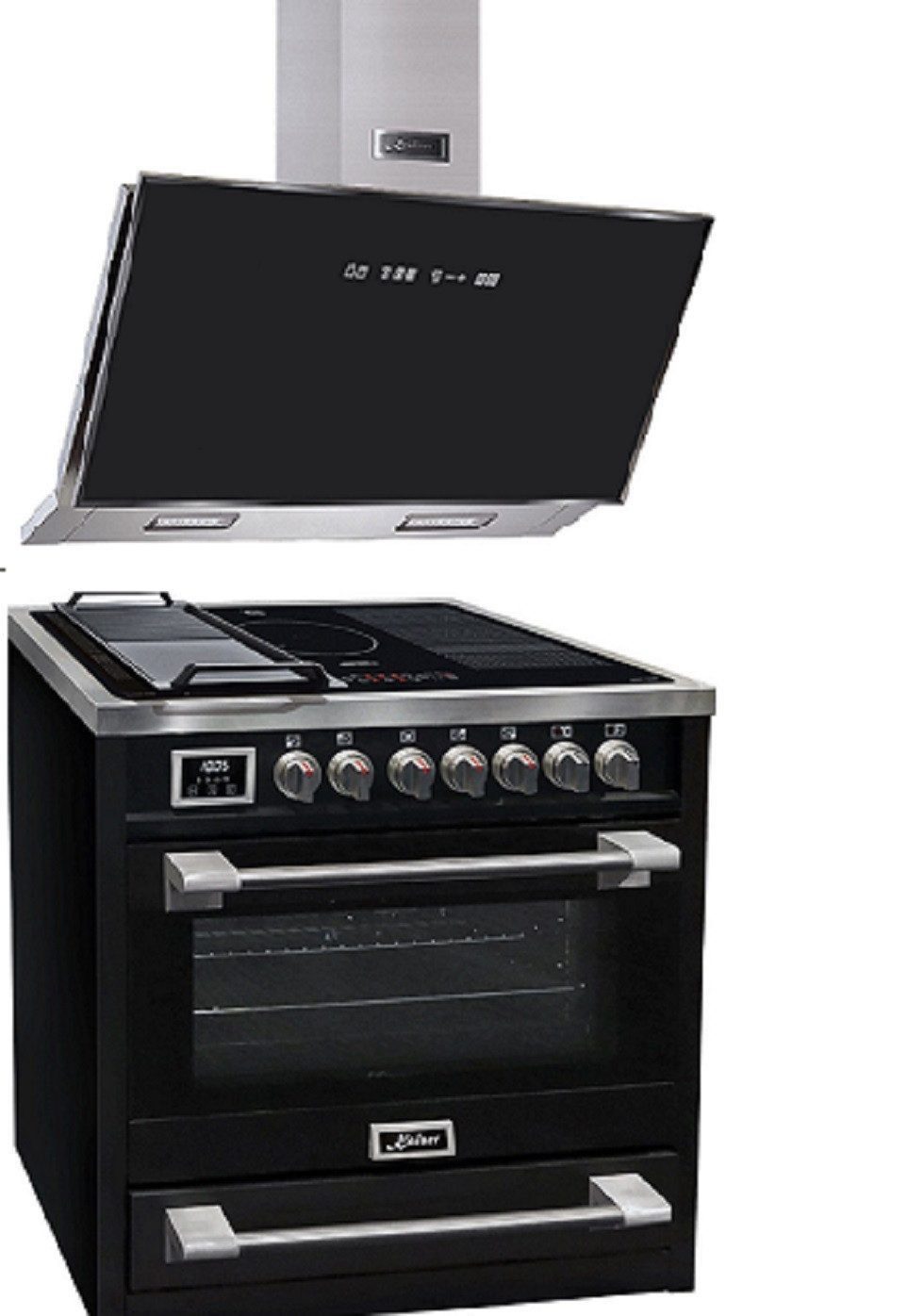 Kaiser Küchengeräte Induktions Herd-Set Elektro Standherd 90 cm mit Induktionskochfeld, XXL Backofen 115 L, Drehspieß, Heißluftsystem HC 93691 IS+AT 9430 F ECO.., mit 1-fach-Teleskopauszug, Katalytische Selbstreinigung, Freistehend Herd 90 cm, Dunstabzugshaube 1250 m³/h, Premium Set