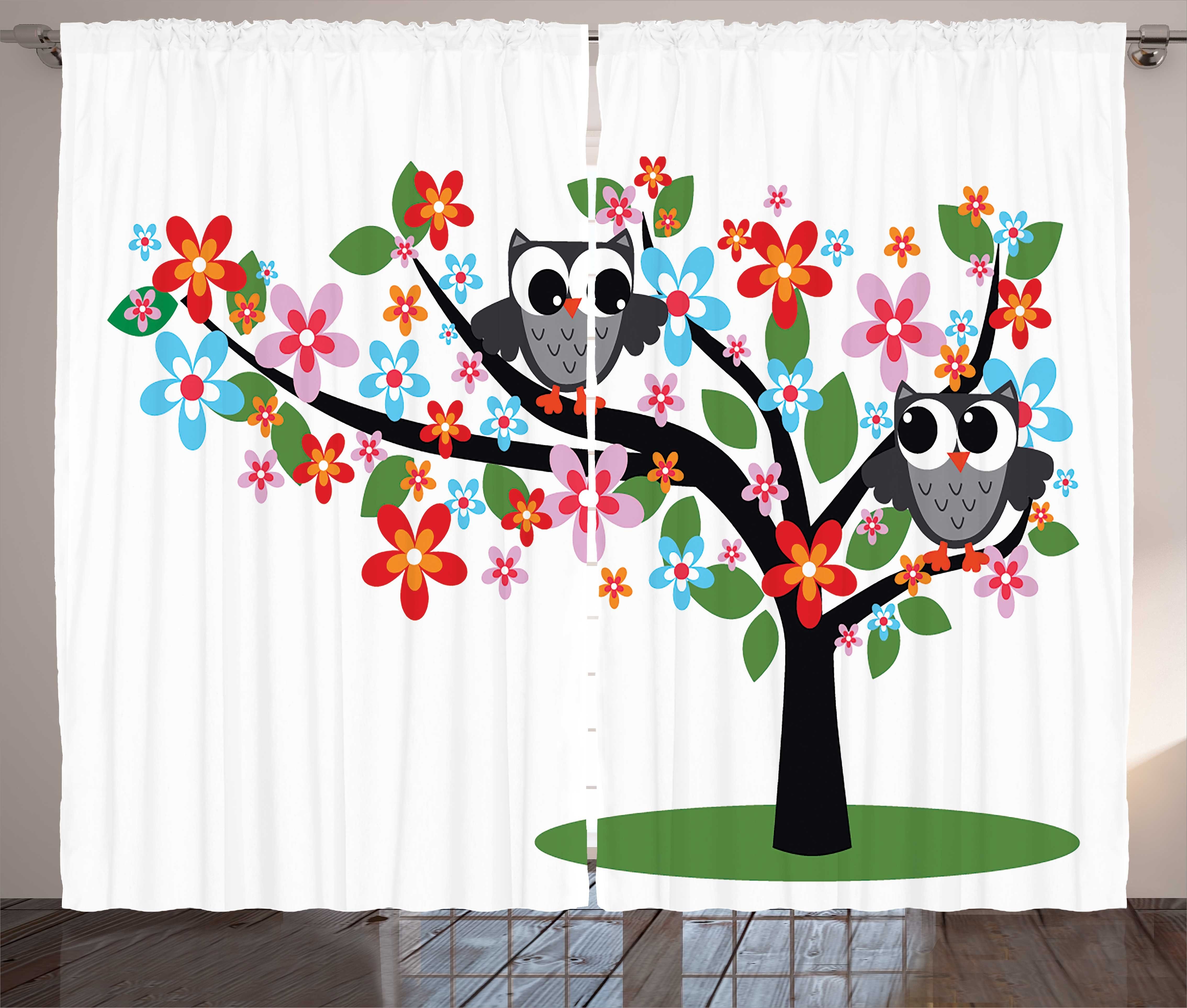 Gardine Schlafzimmer Kräuselband Vorhang mit Schlaufen und Haken, Abakuhaus, Kindergarten 2 Flirty Eulen auf Baum