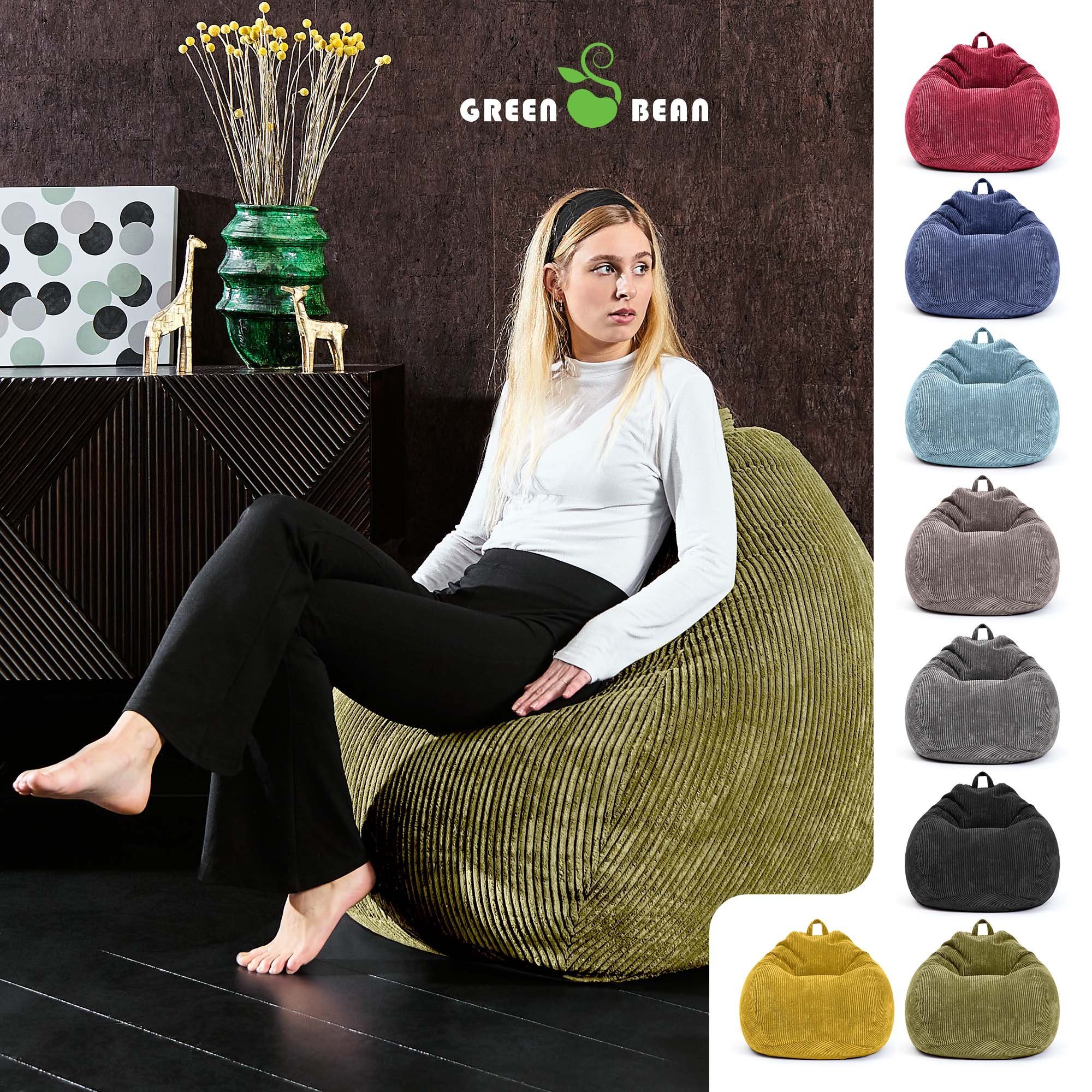 Green Bean Sitzsack EPS-Perlen Sitzsack Drinnen - Liegekissen Sitzkissen), Bodenkissen Waschbar Stoff Cordstoff, Grün Scoop & 90x110cm Relax-Sessel Erwachsene Kinder (Indoor Sitzhocker Cord Füllung Weich Kuschelig