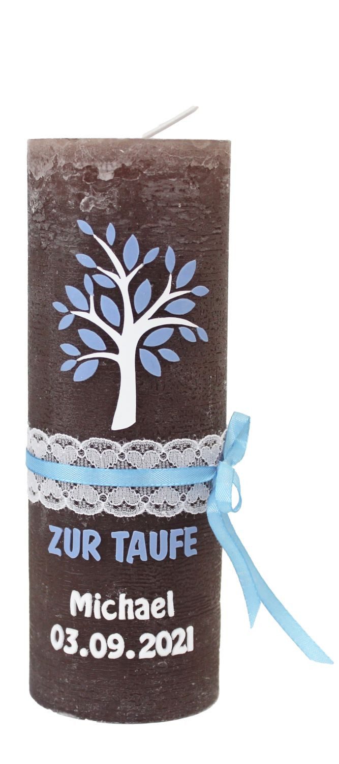 INNA-Glas Stumpenkerze Kerze LILIANNE, Zur Taufe, verziert, braun-blau, 19cm, Ø6,8cm