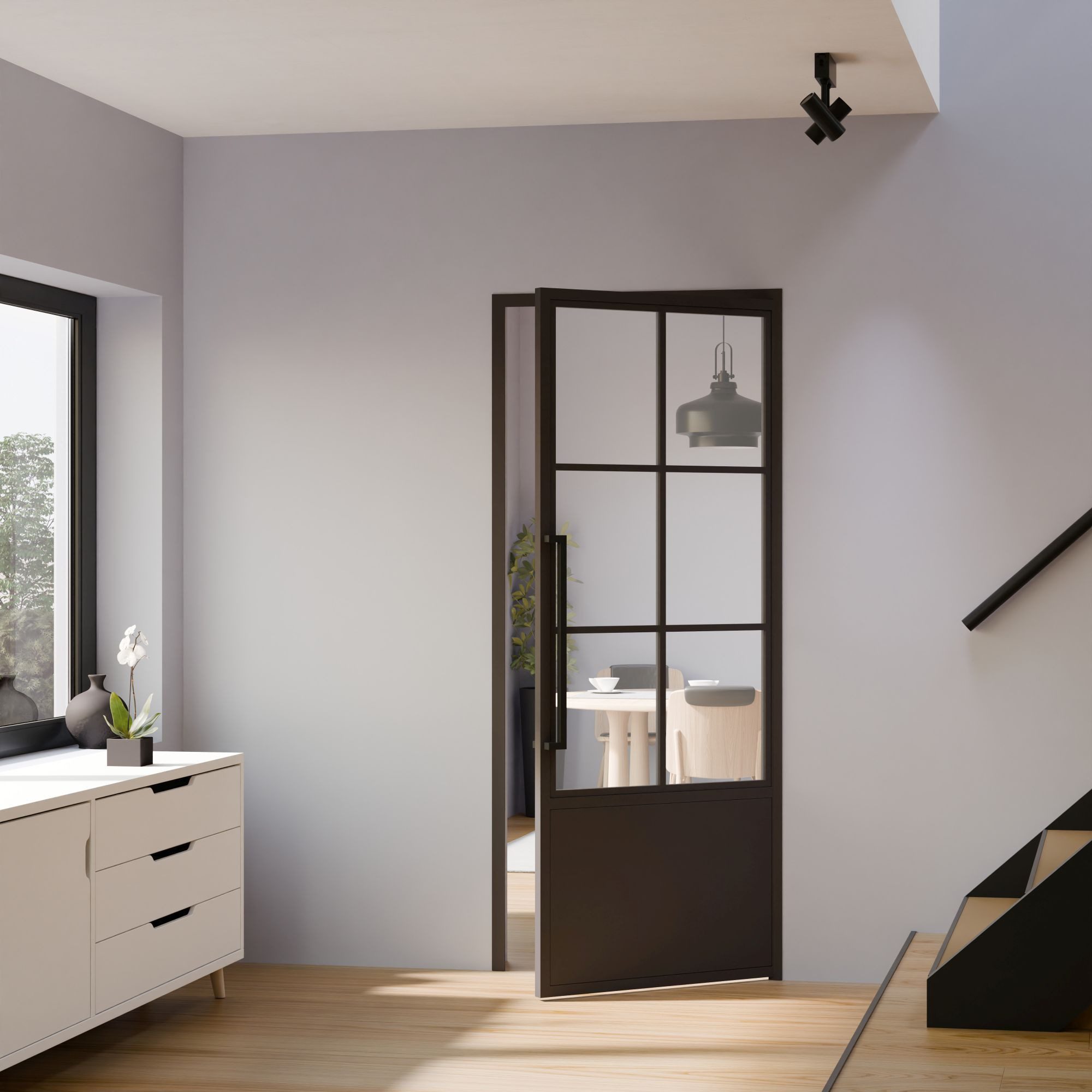 inova wohnen Zimmertür Stahltür Schwarz mit Klarglas 6 Felder (Komplett Set, inkl. Türzarge schwarz und Griffstange), Größenauswahl, Loftstyle