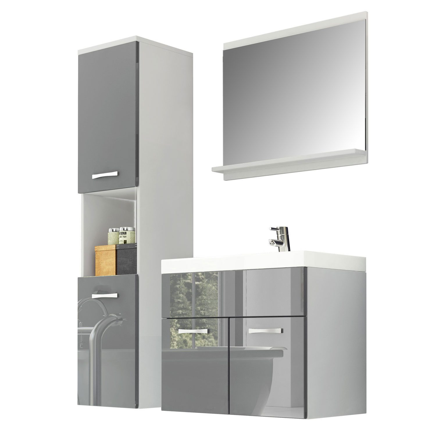 Feldmann-Wohnen Badezimmer-Set Montreal, (1 Hängeschrank, 1 Spiegel, 1 Waschbeckenunterschrank, 1 Waschbecken, 4-St., Moderne Optik, hängende Montage), 4-teilig, weiß / grau hochglanz