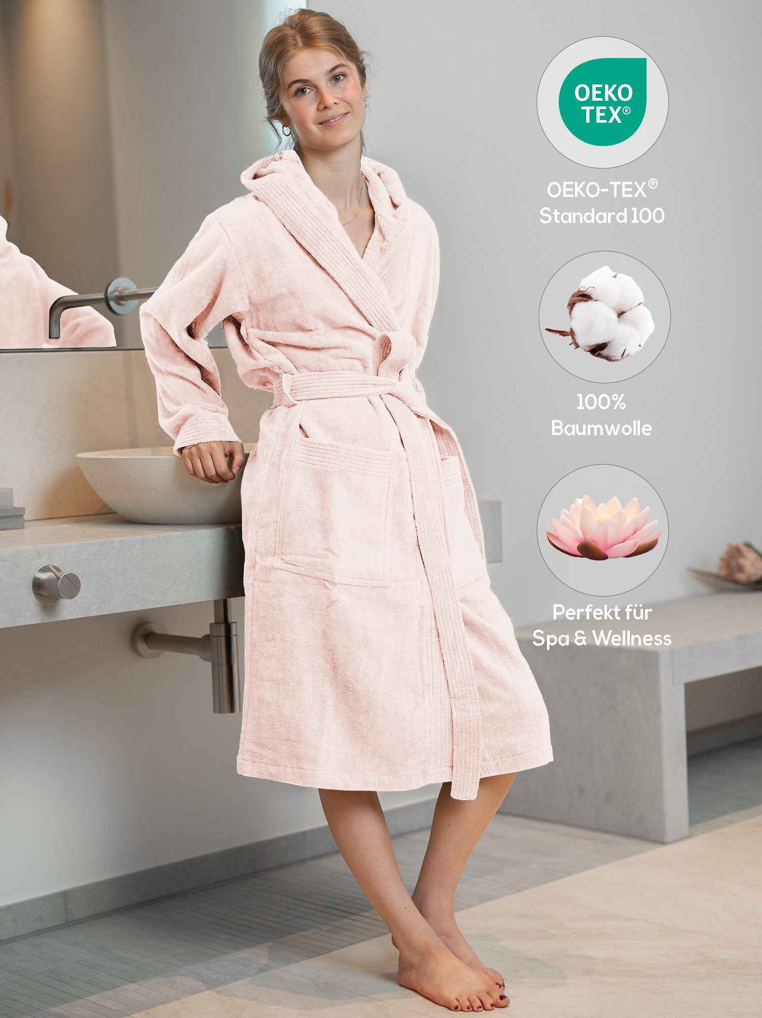 SIEGENTHAL Damenbademantel SIEGENTHAL® Damen Bademantel Frottee Velour Kapuze Flauschig Knielang, Kapuze, Gürtel, saugfähigem Frottee,Pflegeleicht und langlebig,praktische Taschen