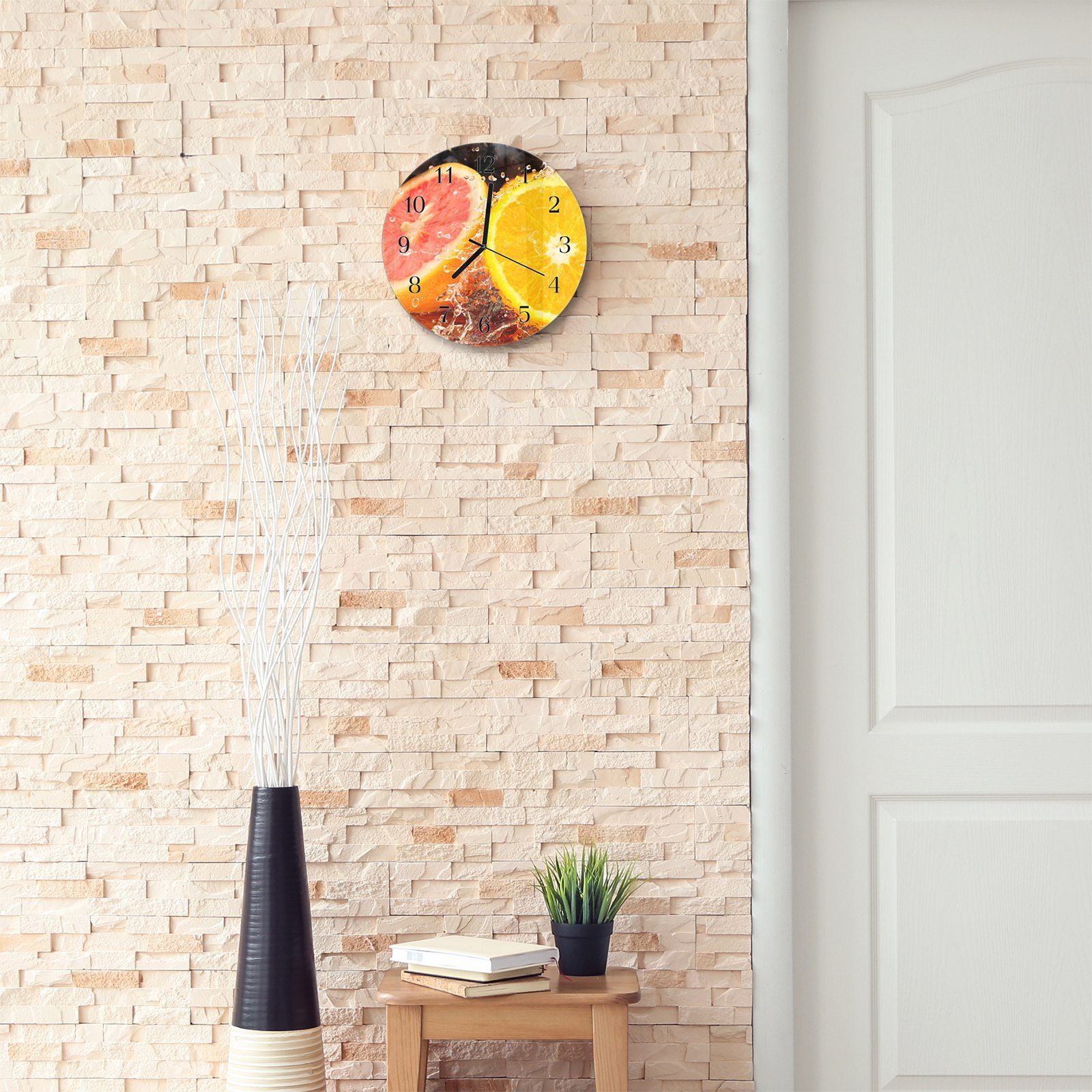 Motiv Durchmesser Glas mit cm 30 zweierlei aus - Wanduhr Quarzuhrwerk Wanduhr mit Orangen Primedeco Rund und