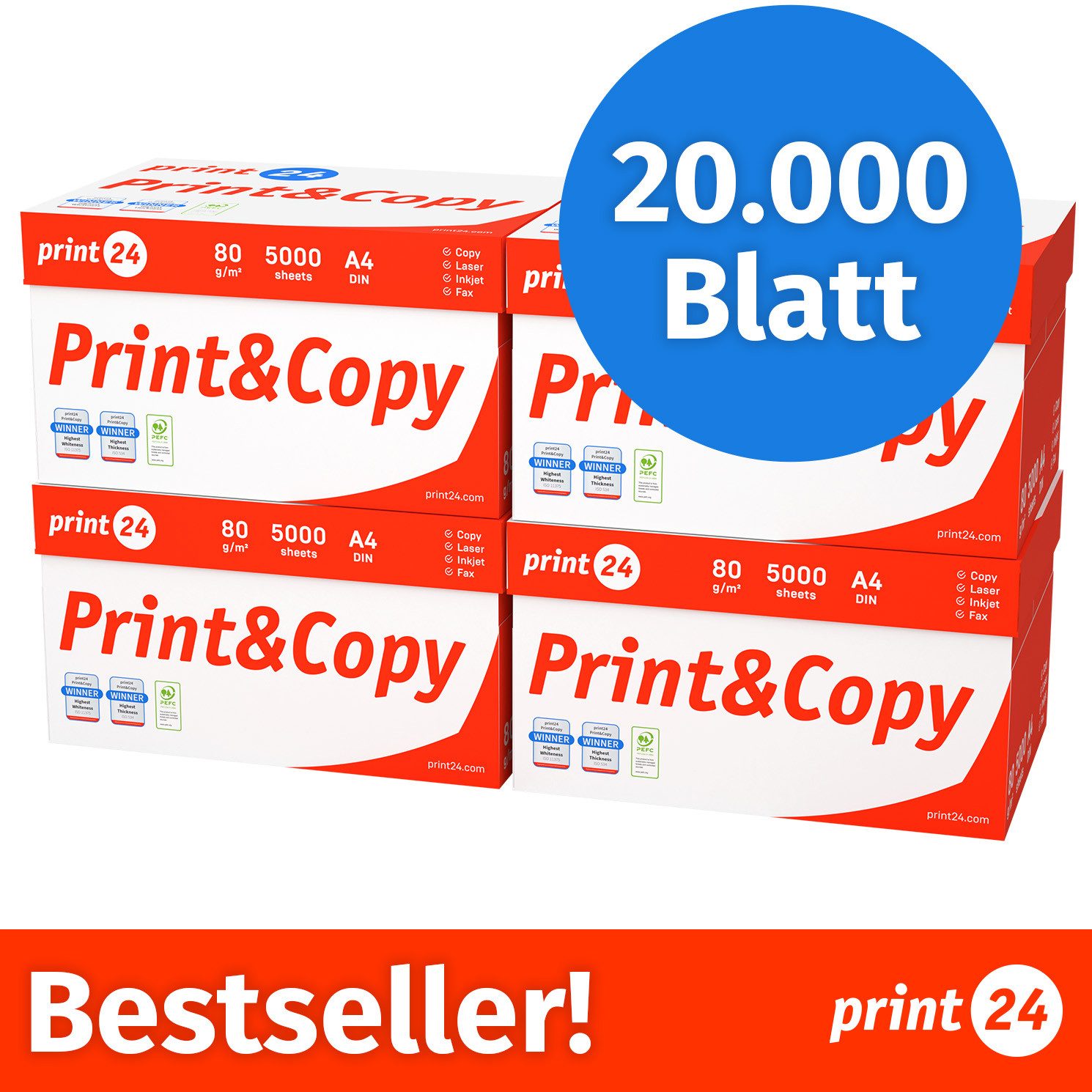 print24 Drucker- und Kopierpapier Kopierpapier 20000 Blatt A4 80g Premium Weiß PEFC zertifiziert, PEFC-Zertifikat (GFA-PEFC-COC-500582)