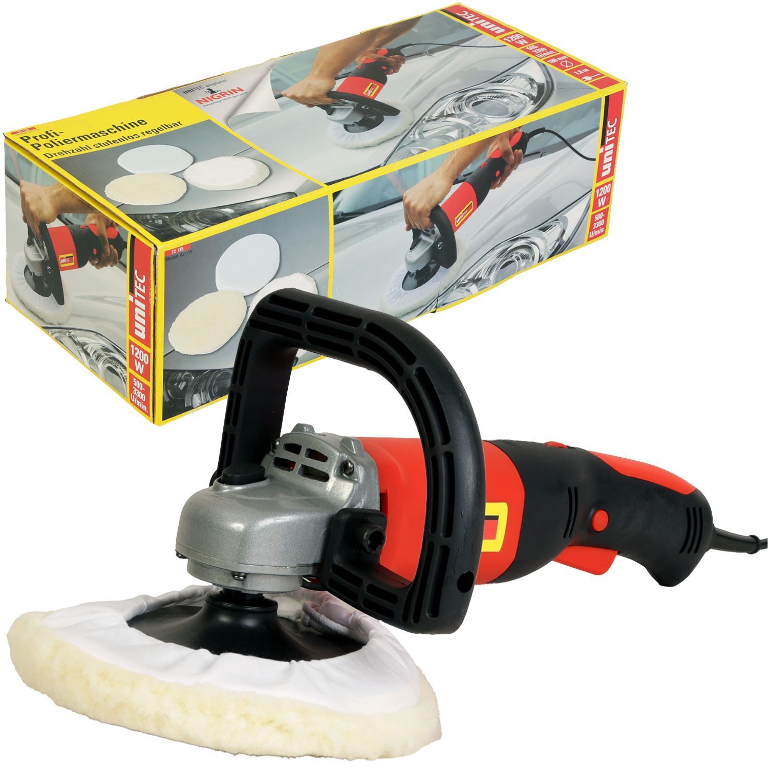 UNITEC Poliermaschine Profi Poliermaschine 180mm 1200W, 600 min. U/min, 3400 max. U/min, Ø 180 mm, 3400 U/min Auto Motorrad Boot Polierer Poliergerät