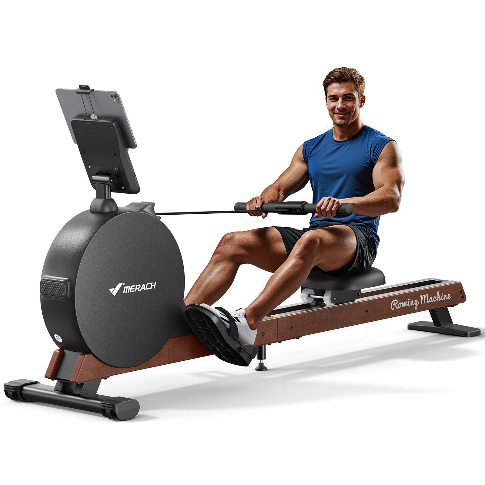 MERACH Rudergerät Echtholz Rudergerät, 60kg Magnet, Selbstversorgend, Profi-Heimtrainer (Doppelschienen-System,Massivholz-Rudermaschine, HD LED Anzeige, 1-tlg., Bluetooth App-Anbindung, automatische Widerstandsanpassung), Besonders leise, Ganzkörpertraini