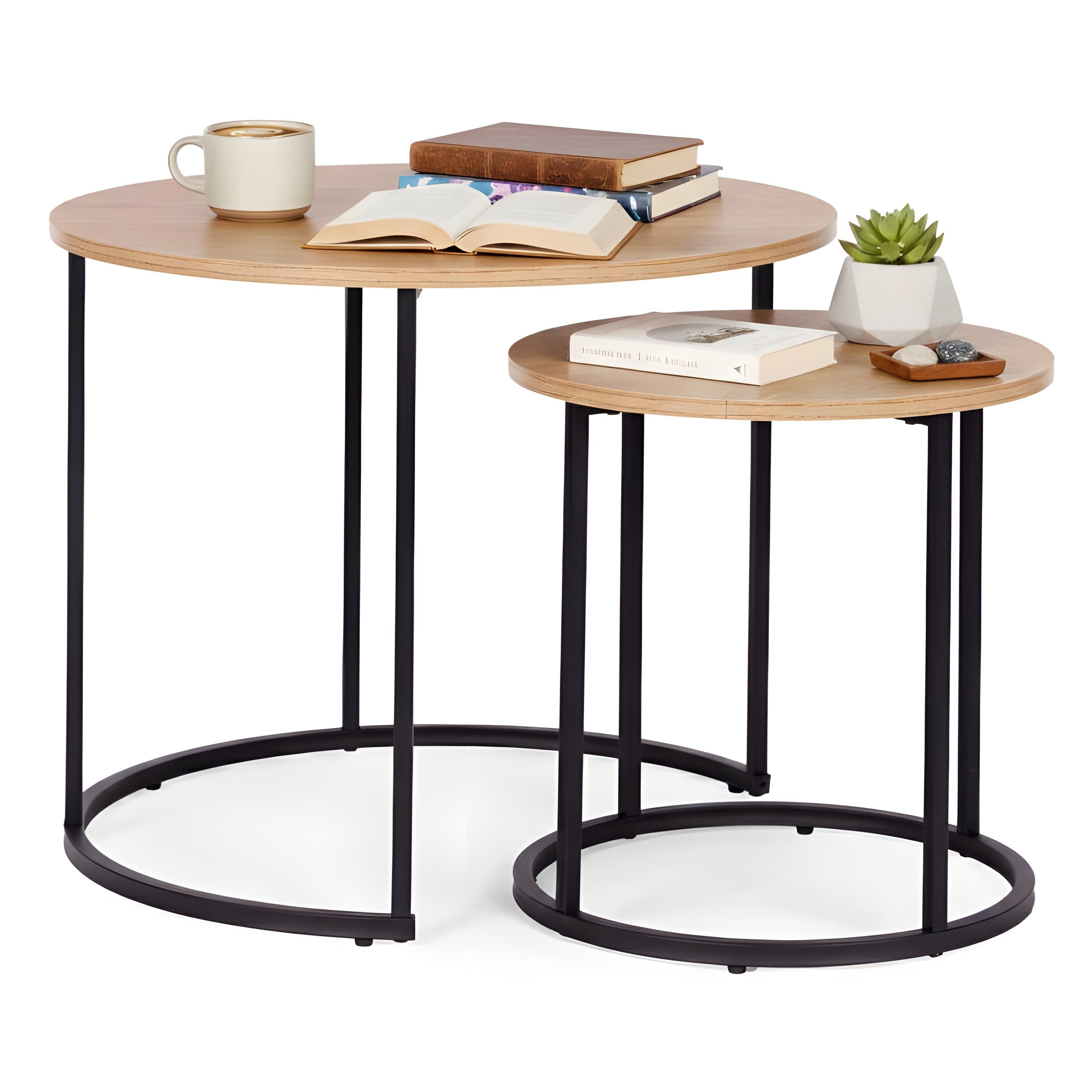 modernHome Couchtisch Runde Beistelltische 2er-Set (Couchtisch-Set, 2-St., 2 runde Couchtische in Eiche hell mit Metallgestell), 2-teilig; ineinanderschiebbar; platzsparend; rutschfeste Füße