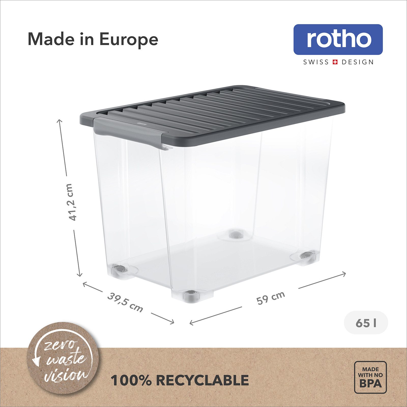 ROTHO Aufbewahrungsbox 4er-Set CORE PLUS 65 L stapelbare Box mit Deckel und Räder (Lagerboxen-Set, 4er-Set), große Rollbox ideal für Kleidung, Decken und Haushaltsartikel