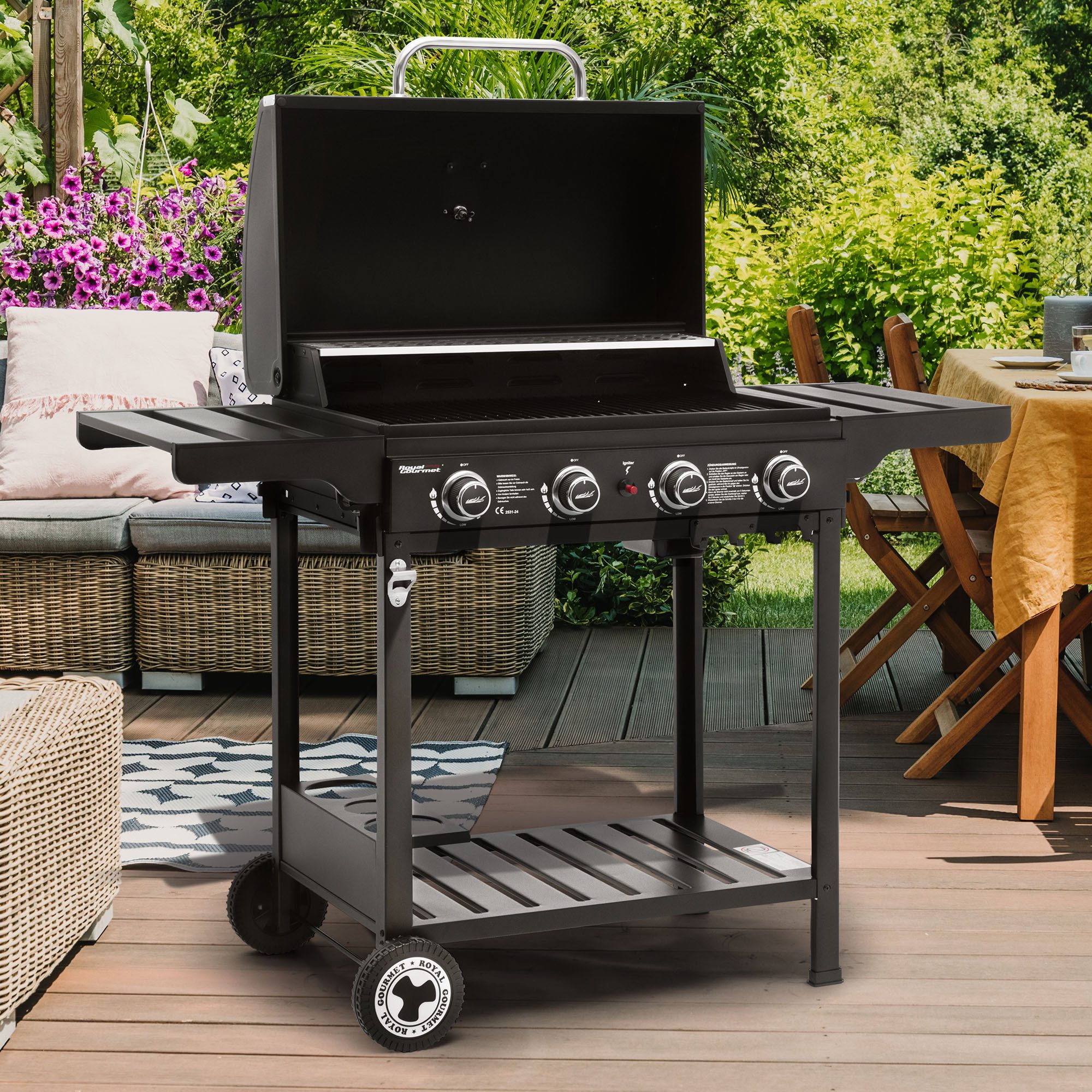 Royal Gourmet Gasgrill Grillwagen Campinggrill Standgrill mit Edelstahl Brenner, mit Seitenablagen und Flascheregal, 4 Brenner, 12 kW
