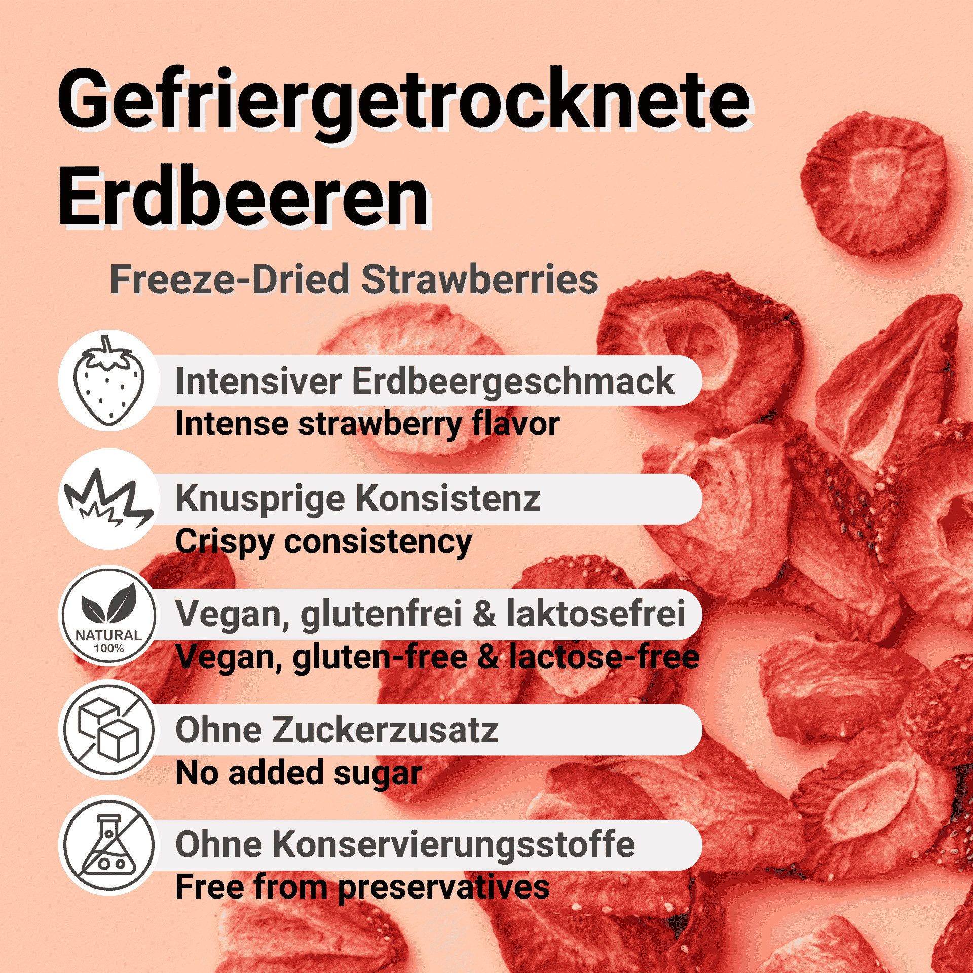 DistrEbution Trockenfrüchte Erdbeeren Gefriergetrocknet 100% Frucht Ohne Zusatzstoffe, 50 g