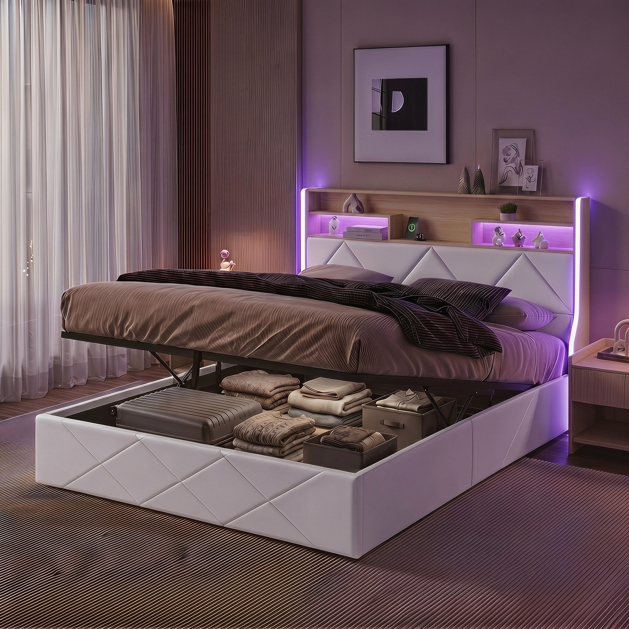 PXloue Polsterbett LED hydraulisches Doppelbett (Kopfteil mit integrierter kabelloser Ladefunktion), Boxspringbett, mit Stauraum und integrierter Beleuchtung,140x200 cm