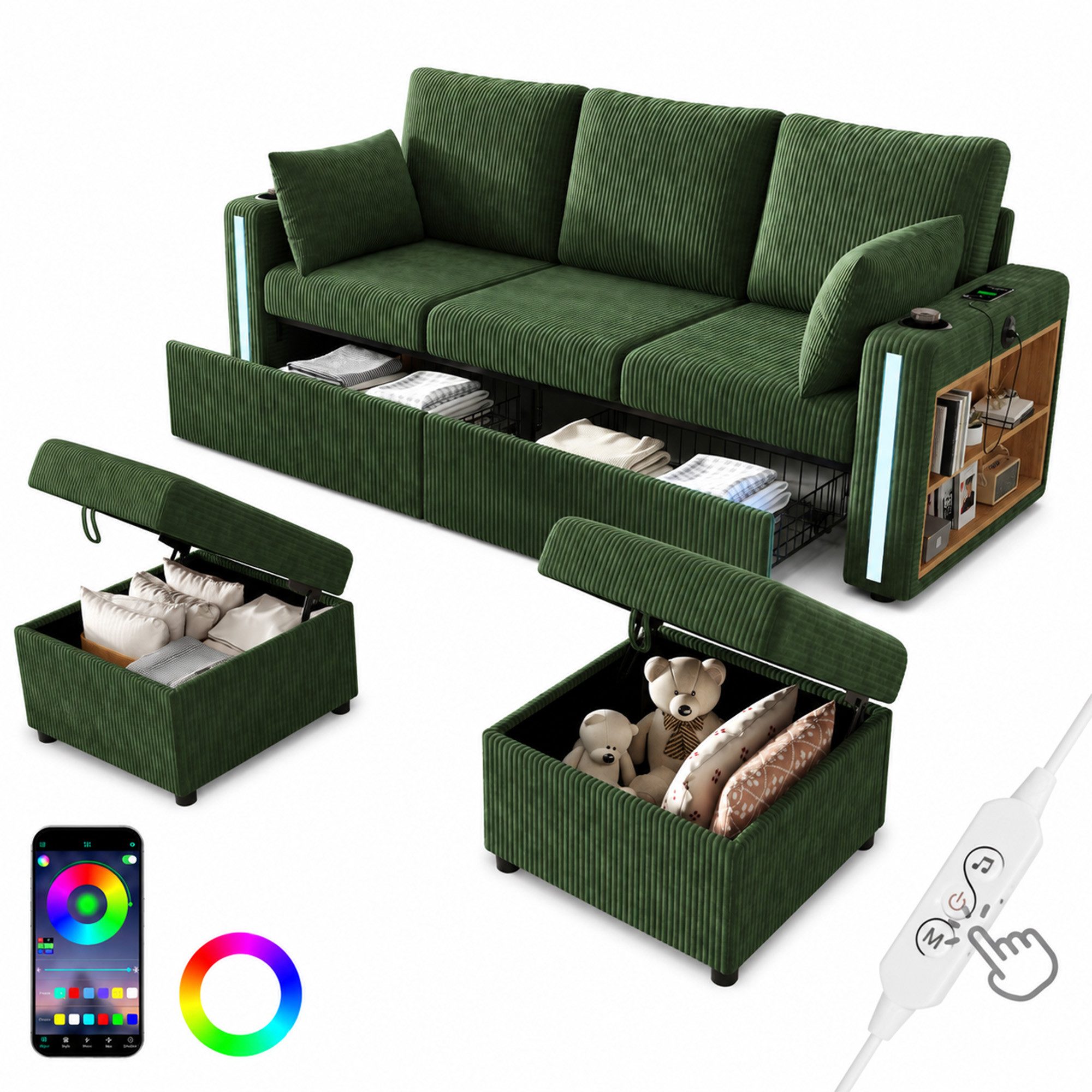 Merax Sofa 5-Sitzer-Sofa mit LED-Beleuchtung, USB/Type-C-Ladeanschlüssen, U-/L-Form Sofa, 190x130x85cm 1 Teile, Modulares Sofa mit 2 Stauraumhockern, Getränkehalter & Schubladen