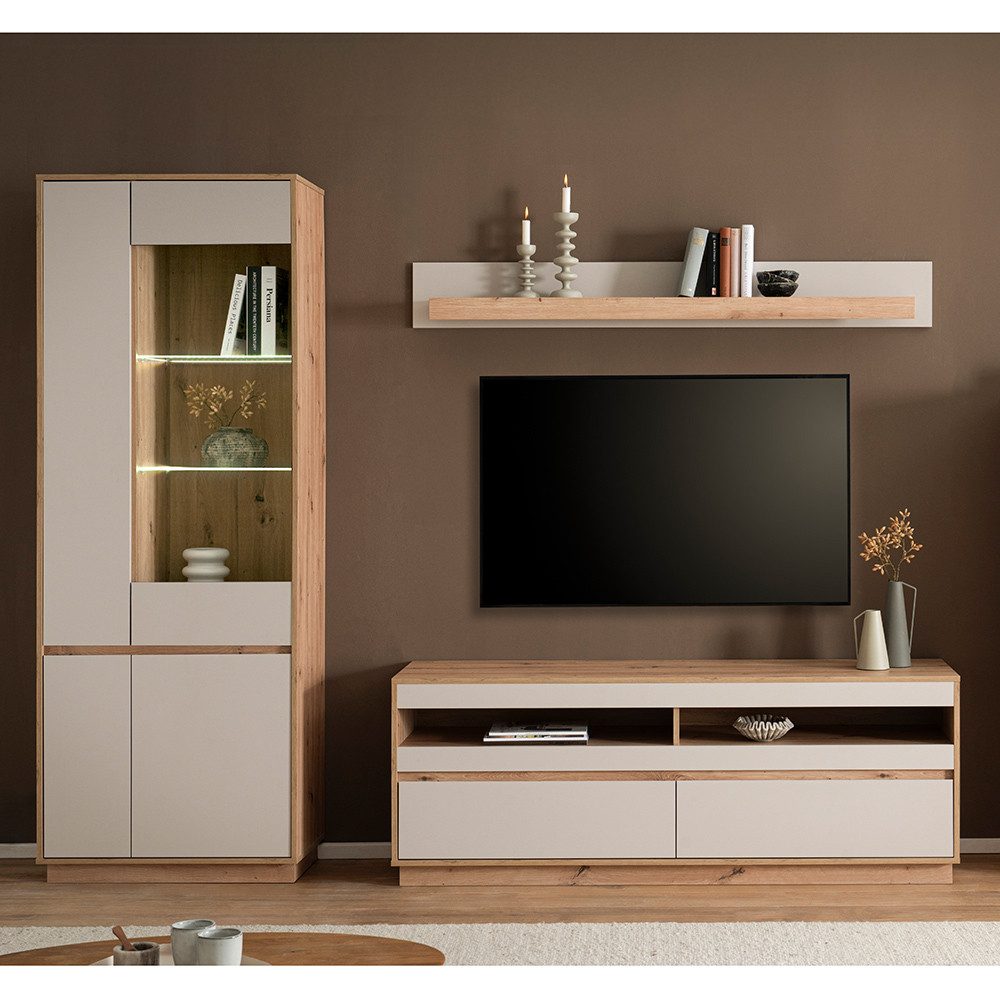 Lomadox Wohnzimmer-Set SITTEN-61, (Mega-Spar-Set, 3-St., Vitrine inkl. Beleuchtung Lowboard Wandboard), Eiche mit Kaschmir Beige, inkl. Beleuchtung, Türen mit Softclose