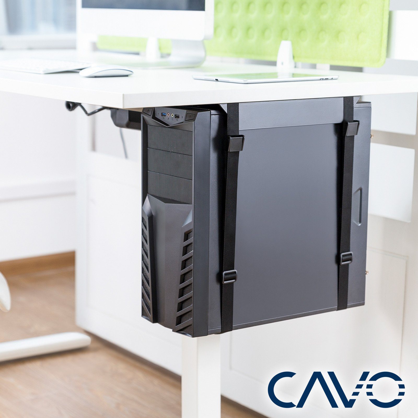CAVO Halterung Desktop PC-Halterung CH-B mit reißfesten Gurten, (Computerhalter für alle PC-Größen bis 10 kg Gewicht, schwarz) – Bild 4 von 5