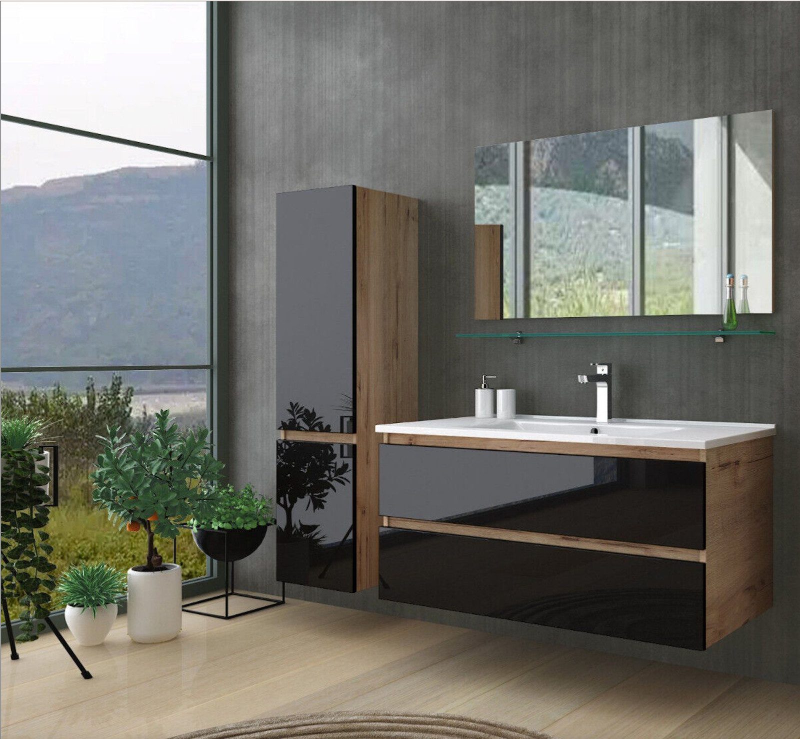 Homeline Badmöbel-Set 90 cm Badmöbel set Hochglanz Eiche Schwarz / Hochglanz Optik badmöbel