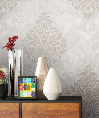 Newroom Vliestapete, Grau Barocktapete Barock Ornament - Mustertapete Klassik Metallic Beige Glamour Modern für Büro Diele/Flur Schlafen