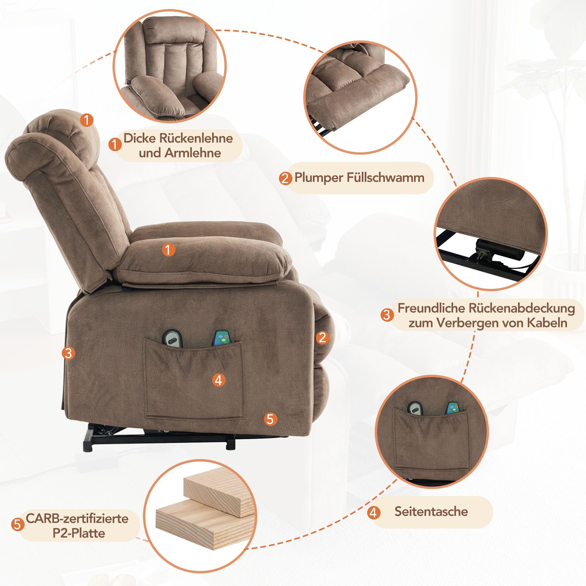 Liegefunktion, Massagesessel Vibrationsfunktion Braun Ulife mit Elektrisch Aufstehhilfe Wärme Fernsehsessel und und TV-Sessel mit