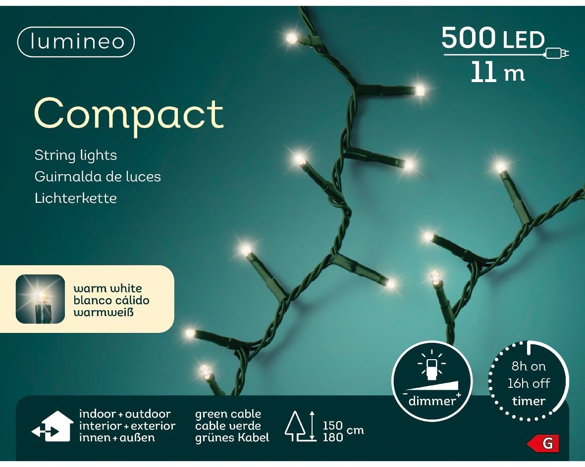 Lumineo LED-Lichterkette Lumineo Lichterkette Compact LED 500 Indoor, 8h-Timer warm weiß, grünes dimmbar, Outdoor, m 11 Kabel
