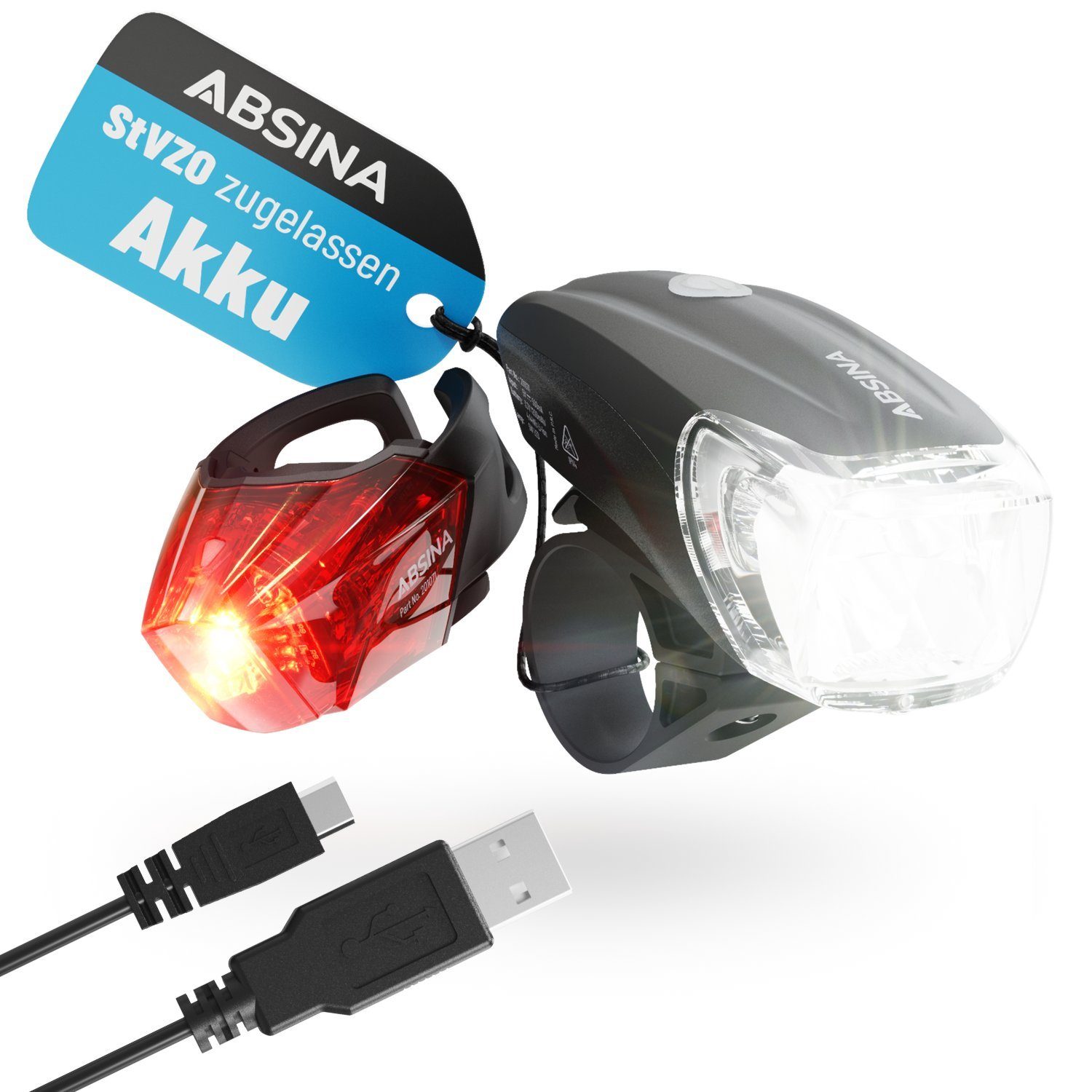 ABSINA Fahrradbeleuchtung »LED Fahrradlicht Set USB aufladbar - 100m  Reichweite, 180 Lumen & 50 Lux - Fahrradbeleuchtung Set StVZO zugelassen -  Fahrradlampe vorne & hinten, Fahrrad Lichter LED Set, Fahrrad Licht Set«