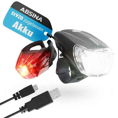 ABSINA Fahrradbeleuchtung LED Fahrradlicht Set USB aufladbar - Fahrradbeleuchtung StVZO