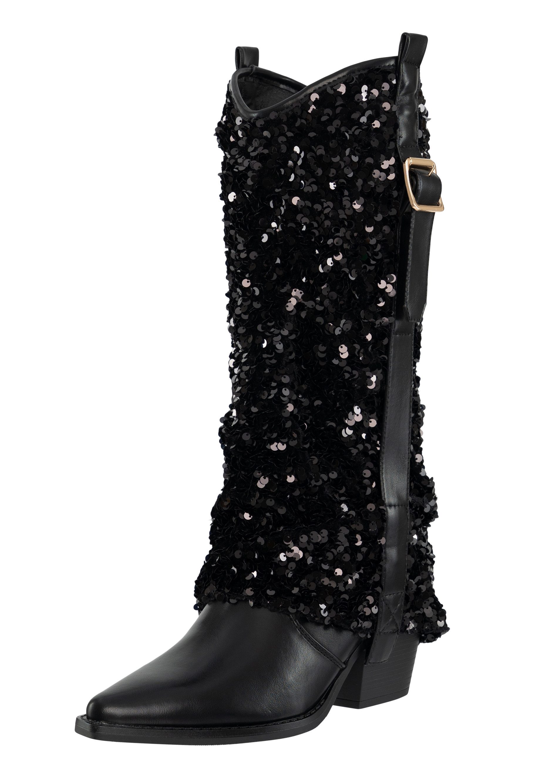 Salinyang Pailletten Stiefel Damen Cowboy Boots Kunstleder Stiefel Glitzer Look Stiefel