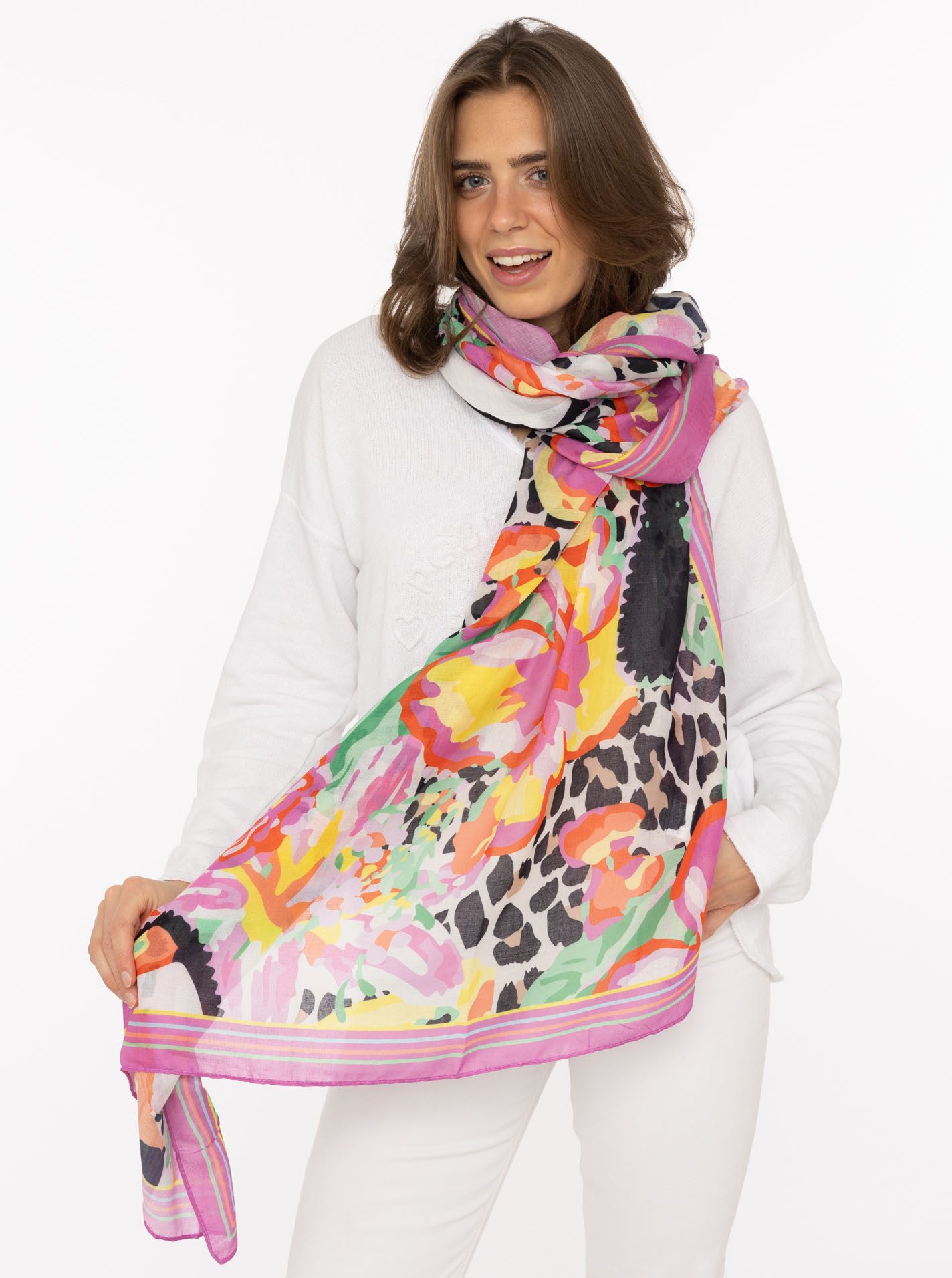 Zwillingsherz Schal "Tropical Tucan", tropisches Muster, farbenfroh, transparent