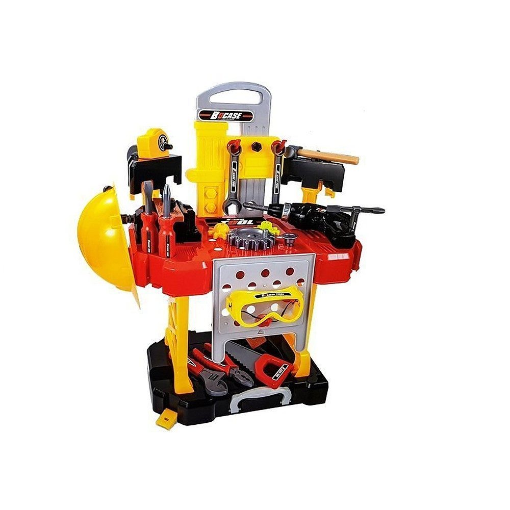 LEAN TOYS Spielwerkbank Werkzeugkoffer Heimwerkerstation Rollenspielset, (Spar-Set, 1-tlg., 43 x 26 x 61 cm tragbar), 85 Teile, 3in1-Koffer, Rollen, Spielzeug-Bohrmaschine