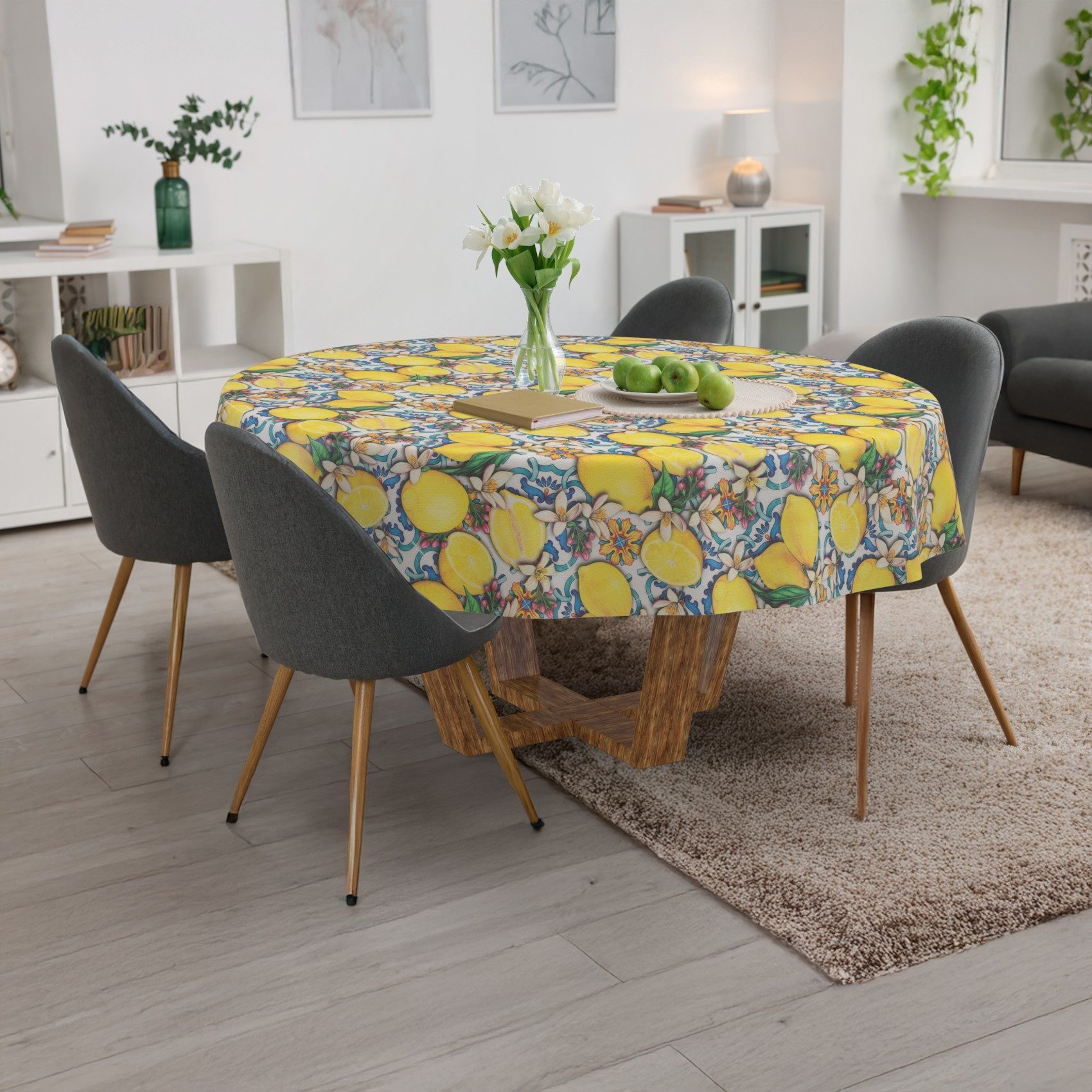 ANRO Tischdecke Wachstuchtischdecke 3.0 abwischbar Zitrone Spanien Gartentischdecke (Einzelstück 1-tlg), wasserabweisend PU-Beschichtet Azulejos Gelb Rund 100cm