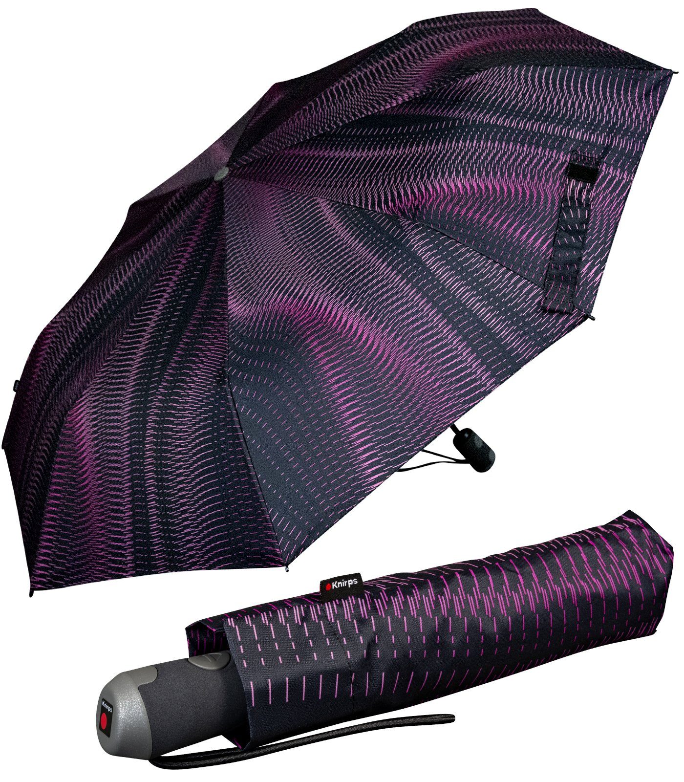 Knirps® Taschenregenschirm E.200 Duomatic Damen Schirm mit Auf-Zu-Automatik, mit Linien-Muster schwarz-pink - Sound sunset