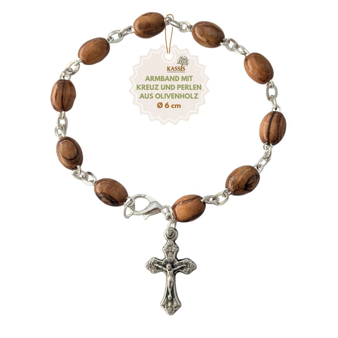 Kassis Geschenkartikel Armband mit ovalen Olivenholz-Perlen Gebetskette Talisman Glücksbringer, handgefertigt in Bethlehem, Geschenk zu Kommunion Taufe Firmung