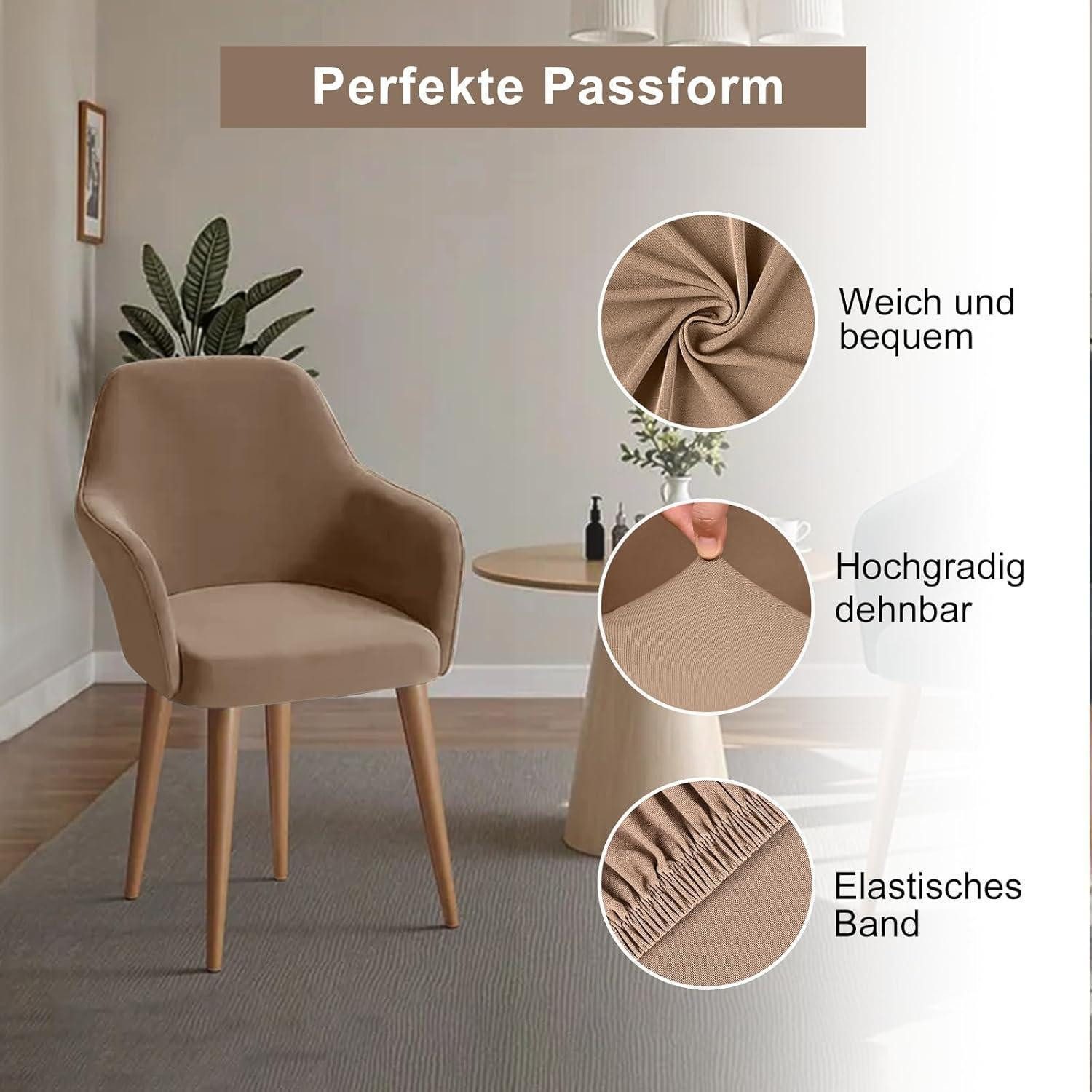 LuxusKollektion Stuhlhusse Stuhlhussen Stretch Waschbar 4er Set Stuhlbezug Kamel 4er Set – Bild 2 von 5