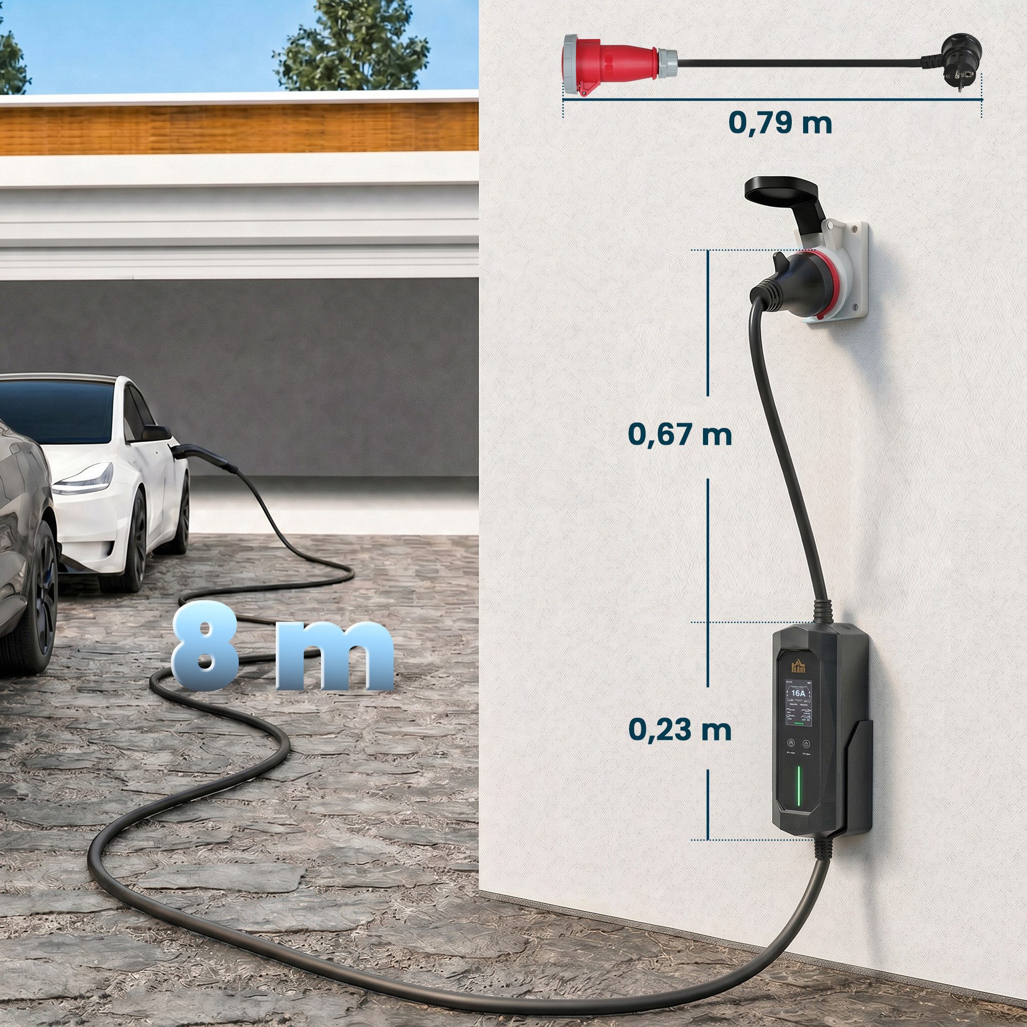 HOMCOM Tragbare Wallbox mit Tasche Autoladekabel, CEE 16A rot, Typ 2, Typ 2, CEE 16A (800 cm), 8 m, 11 kW, IP65, Timer 1–12 h, LCD