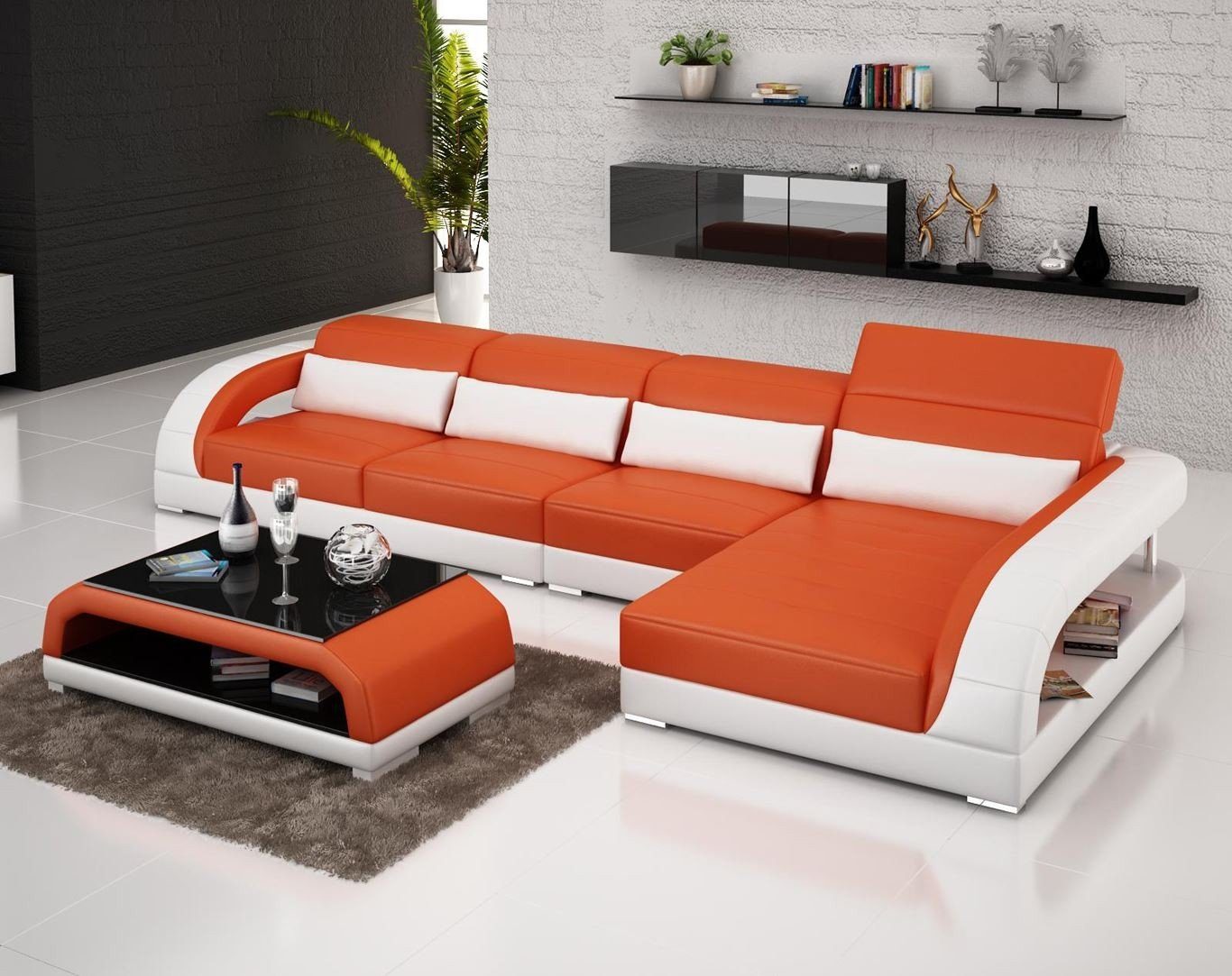 JVmoebel Ecksofa, Exclusive Wohnzimmer Couch Poster L Form Couchen Sofa Wohnlandschaft Orange/Weiß