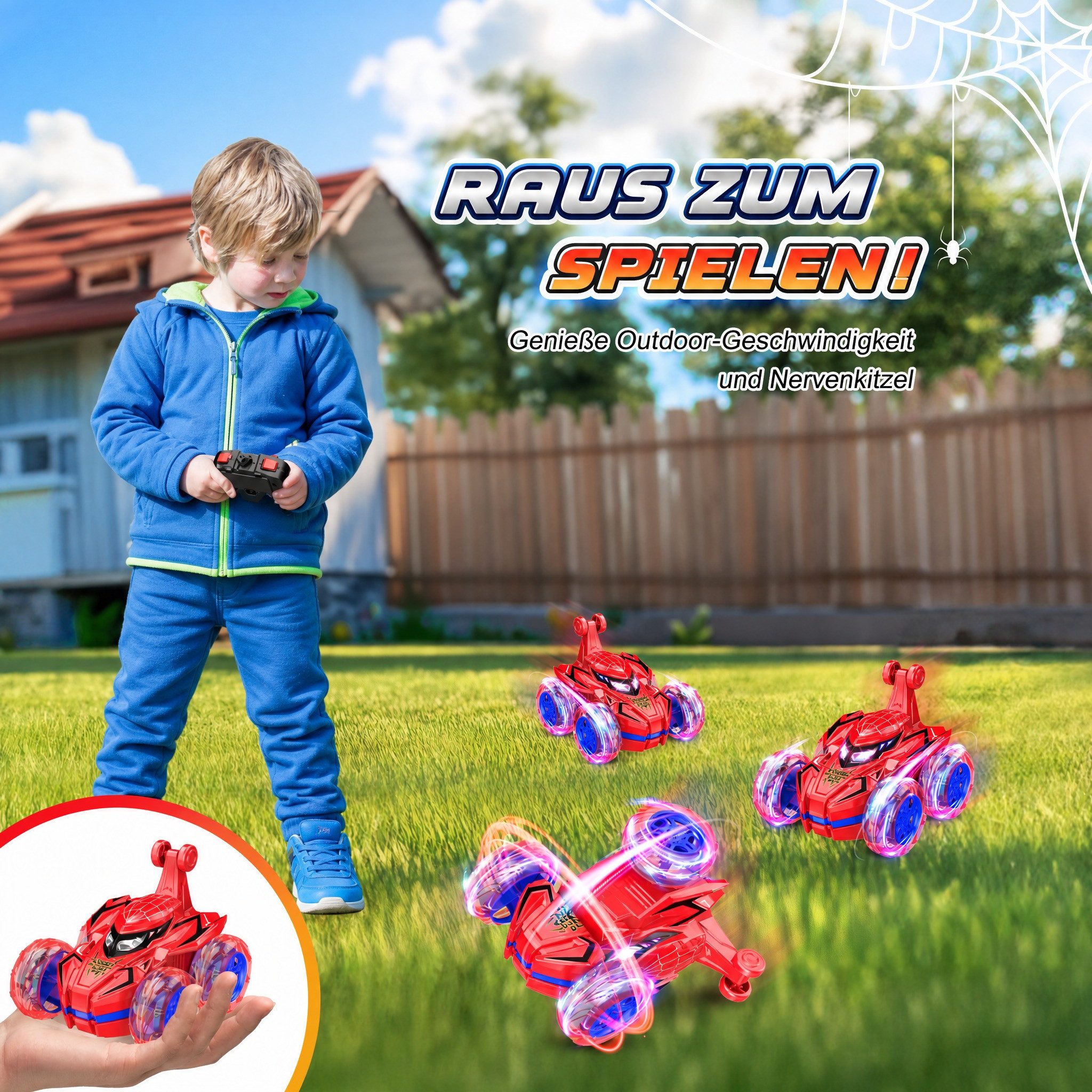 Wootoy RC-Auto Ferngesteuertes Auto Kinder RC Monstertruck Spider Offroad RC Auto (mit 360°-Stunts 90°-Fahrmodus sowie Vorwärts- und Rückwärtsfahrt, 1-tlg., LED-beleuchtete Räder Robuste Konstruktion für Innen- und Außenbereich), USB-Direktaufladung mit Akku für bis zu ca. 40 Minuten Fahrzeit