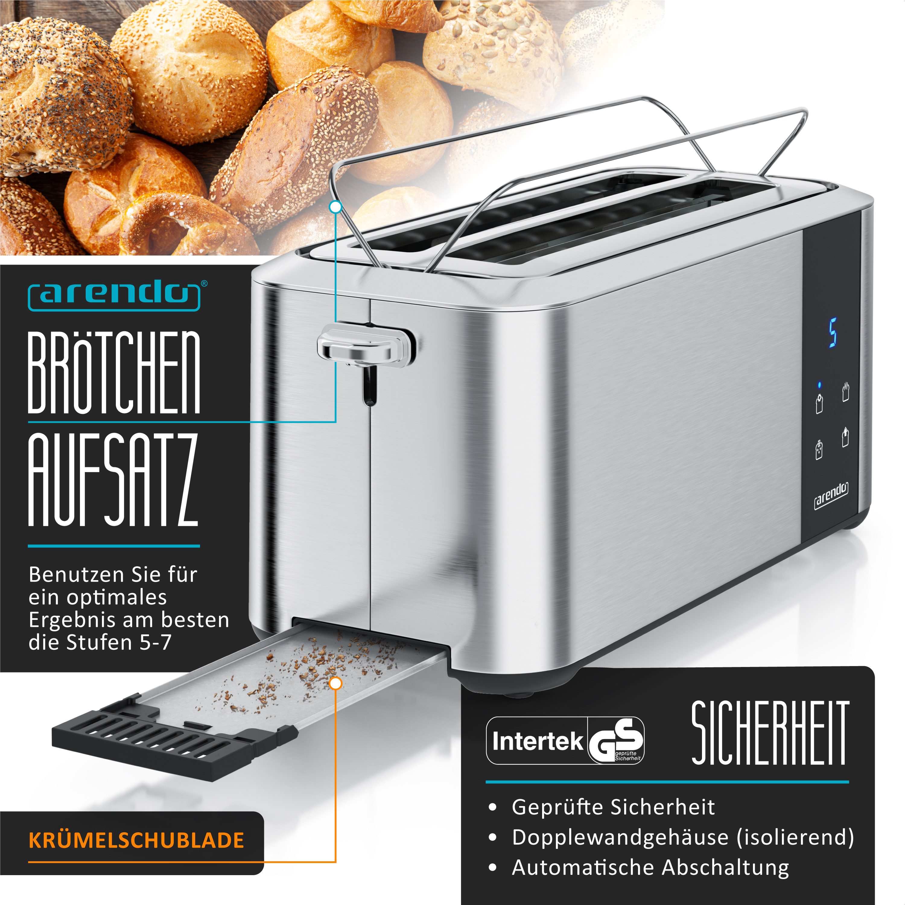 Arendo Toaster Langschlitz, Brötchenaufsatz, Wärmeisoliertes Gehäuse, Display, Touch, 2 lange Schlitze, für 4 Scheiben, 1500 W, LED-Anzeige mit Restzeit, Touchdisplay, Brötchenaufsatz